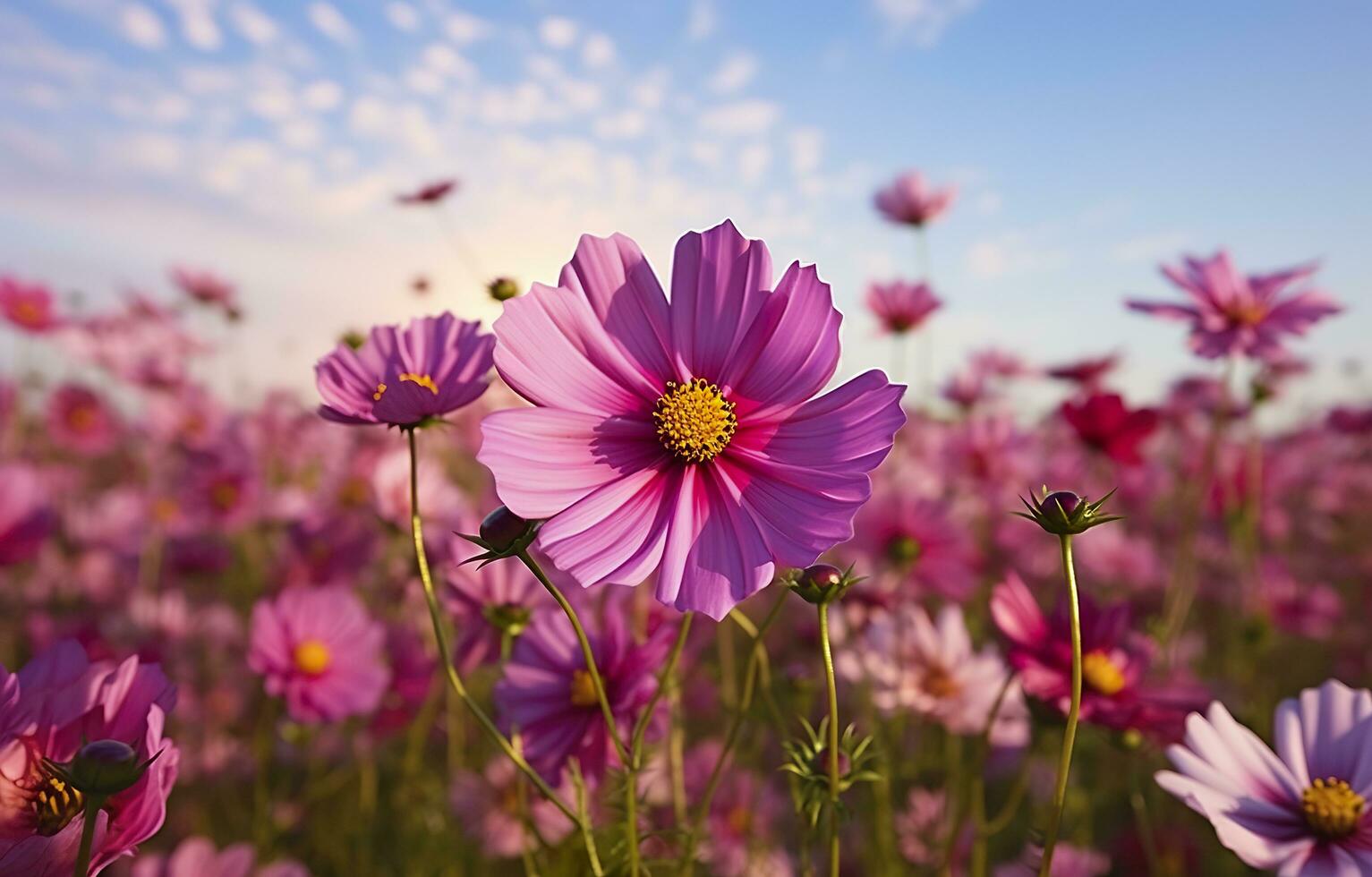 ein Kosmos Blume Gesicht zu Sonnenaufgang im Feld. generativ ai foto