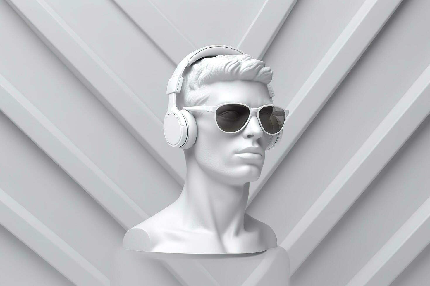 minimal Szene von Sonnenbrille und Kopfhörer auf Mensch Kopf Skulptur, Musik- Konzept, 3d Wiedergabe. ai generativ foto