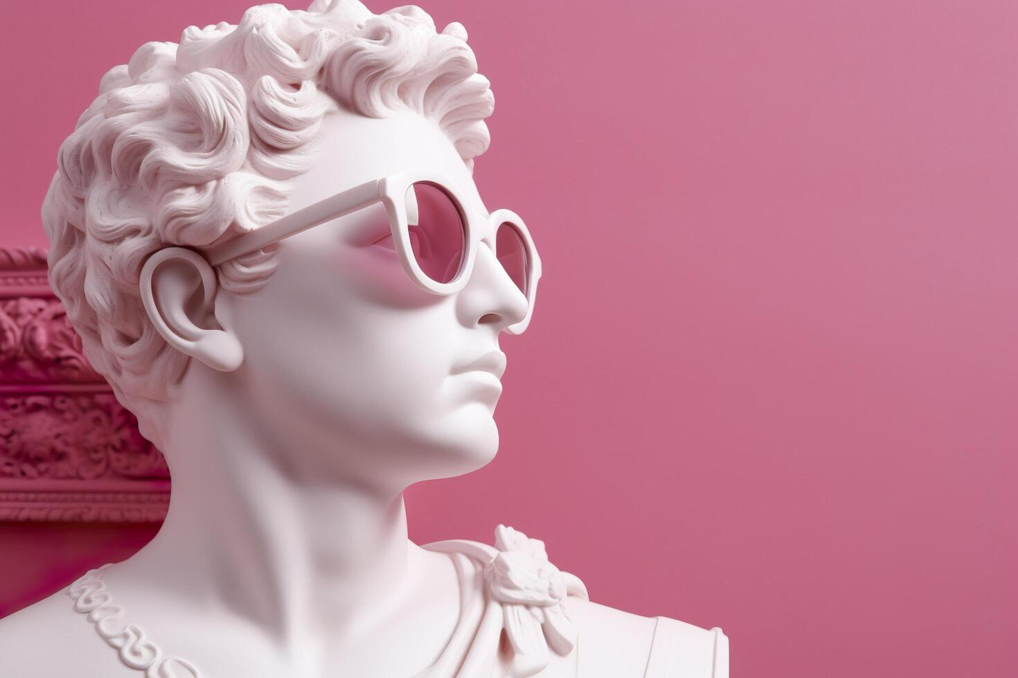 das Kopf von ein Weiß mythologisch Statue mit modisch Rosa Brille auf seine Augen, Rahmen im Profil. ai generativ foto