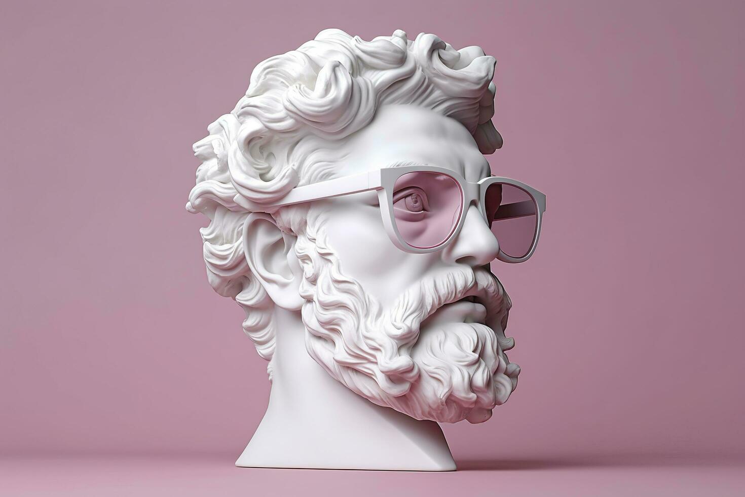 das Kopf von ein Weiß mythologisch Statue mit modisch Rosa Brille auf seine Augen, Rahmen im Profil. ai generativ foto