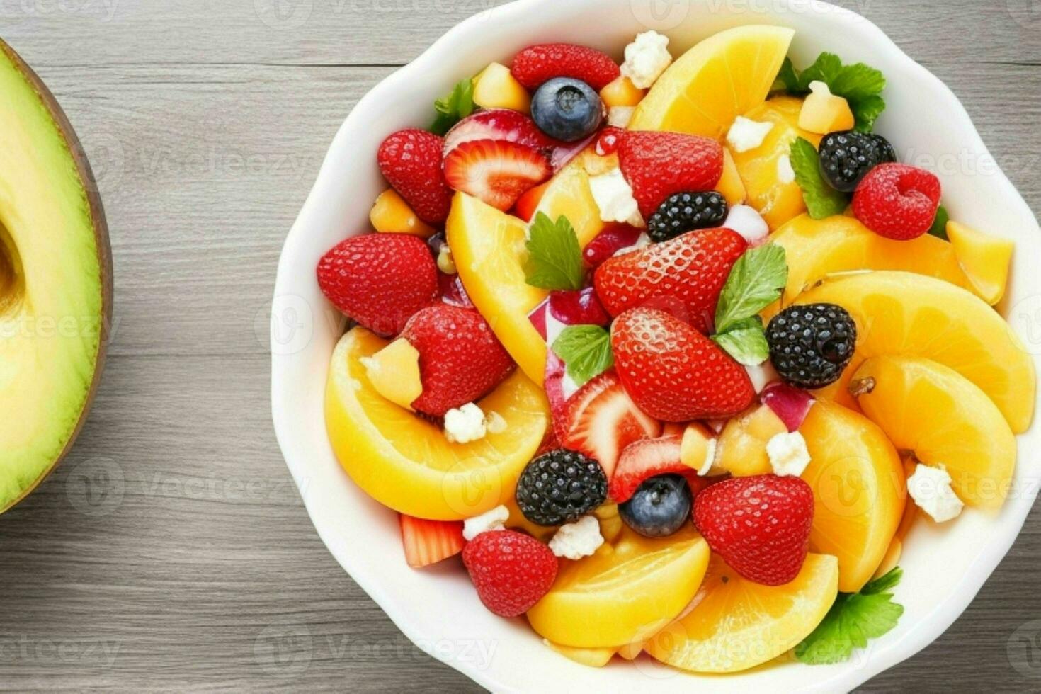 Schüssel von gesund frisch Obst Salat. Hintergrund. ai generativ Profi Foto