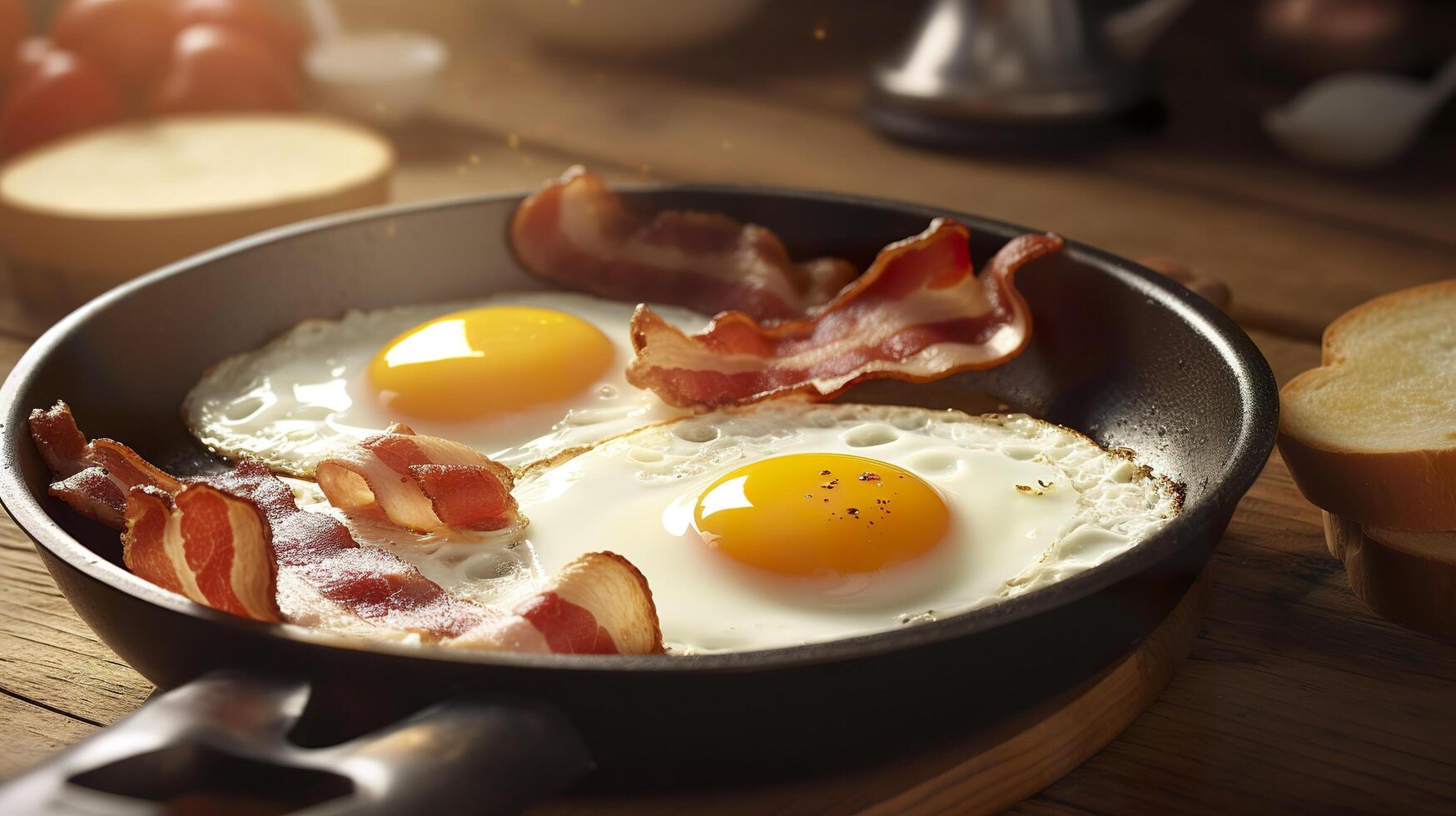 Speck und Eier im ein Pfanne. Komposition mit lecker gebraten Eier und Speck auf hölzern Tisch. ai generativ foto