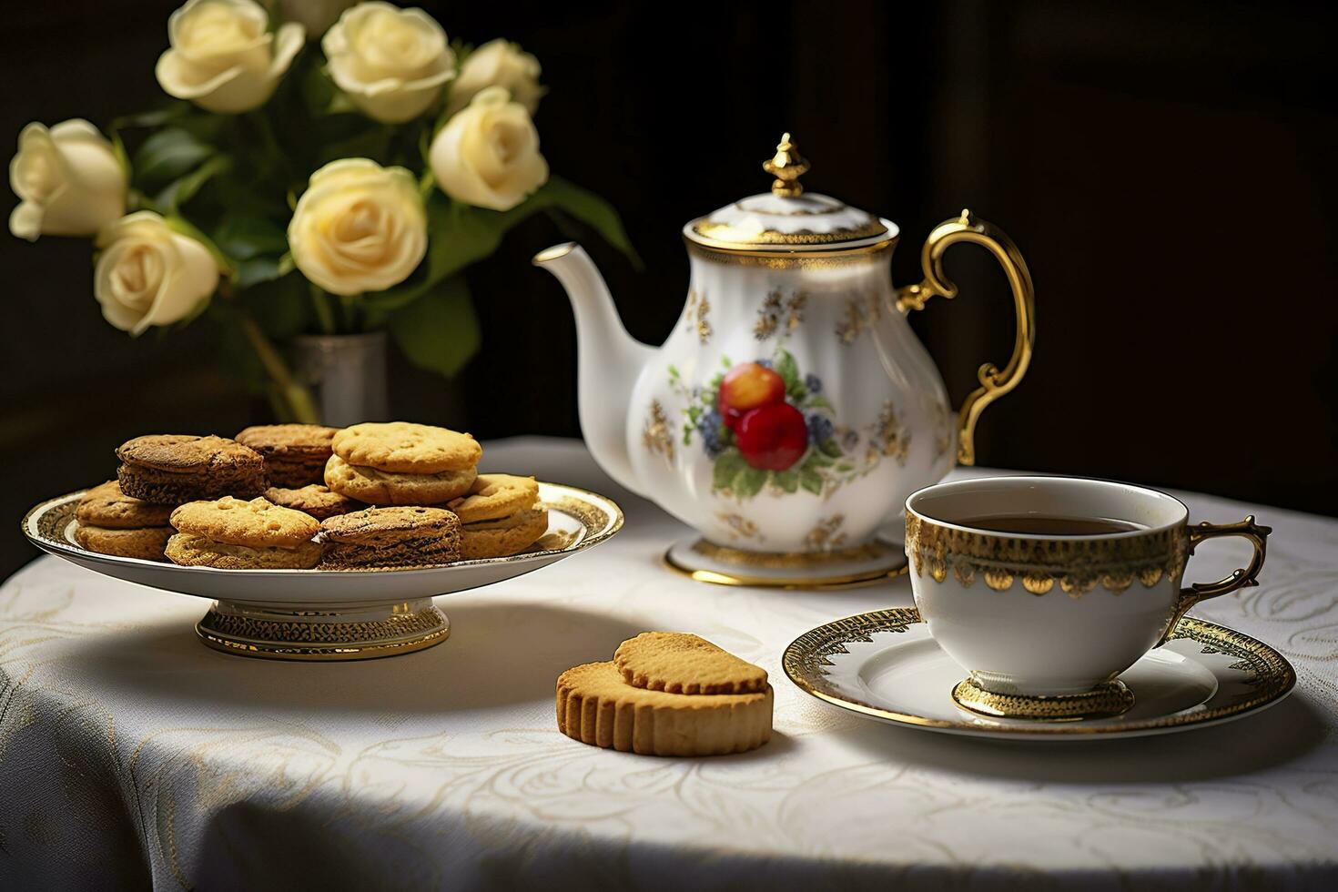 klassisch serviert Tee Tabelle mit Kekse. generativ ai foto