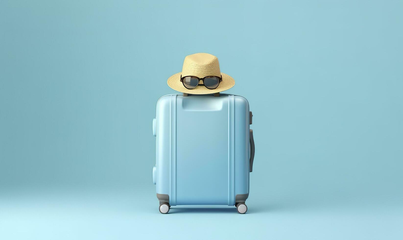Blau Koffer mit Sonnenbrille auf ein Pastell- Blau Hintergrund. Reise Konzept. generativ ai foto