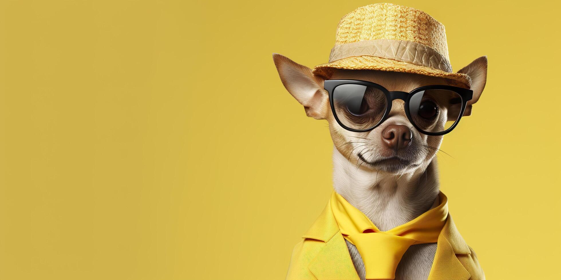 cool suchen Chihuahua Hund tragen funky Mode Kleid. Raum zum Text richtig Seite. generativ ai foto