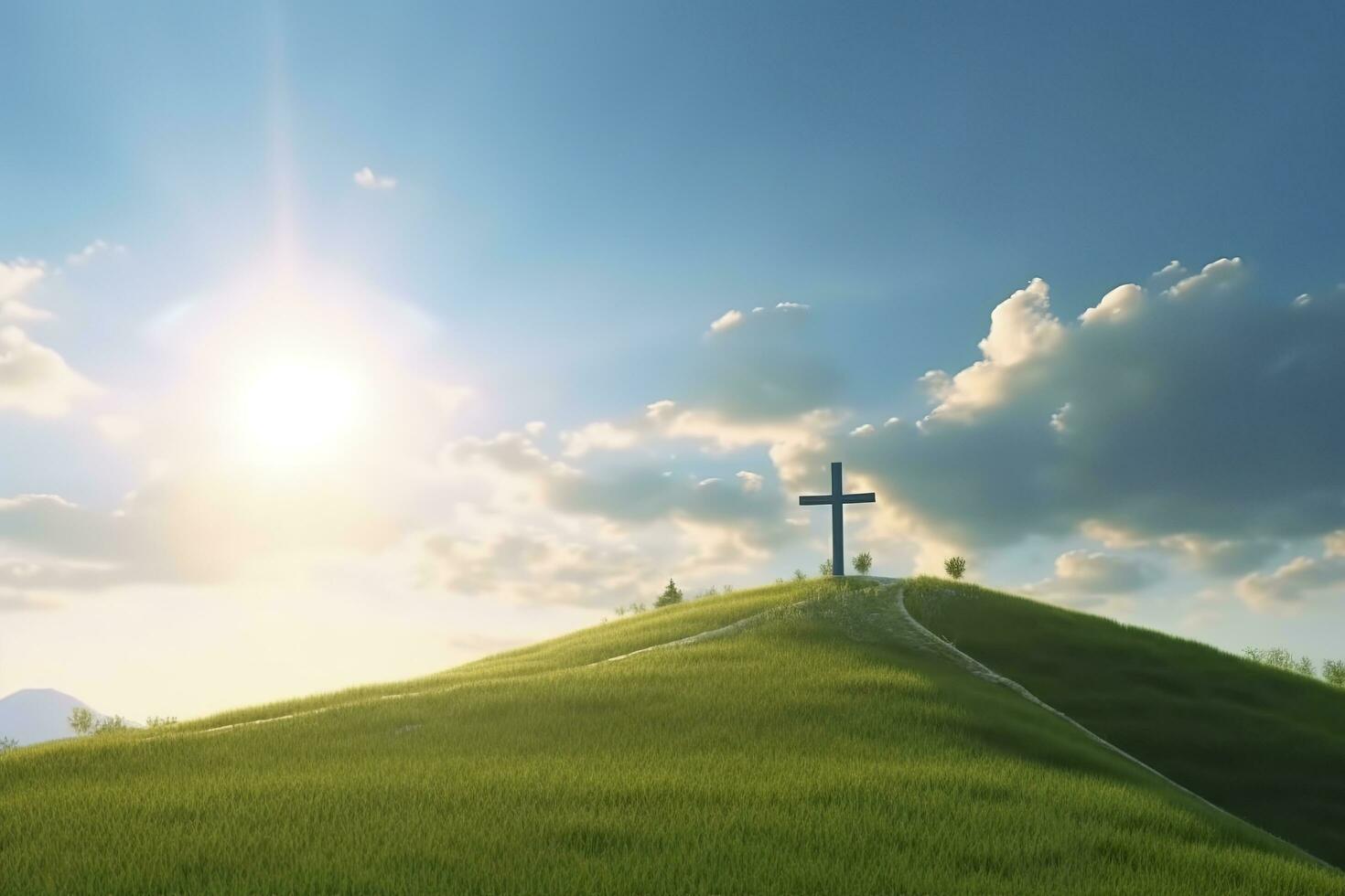 das Kreuz von Gott mit Grün Blatt, im das Strahlen von das Sonne und Blau Himmel. Kreuz auf das Hügel mit Grün Bäume und Graeen natürlich Sicht. religiös Konzept, ai generativ foto