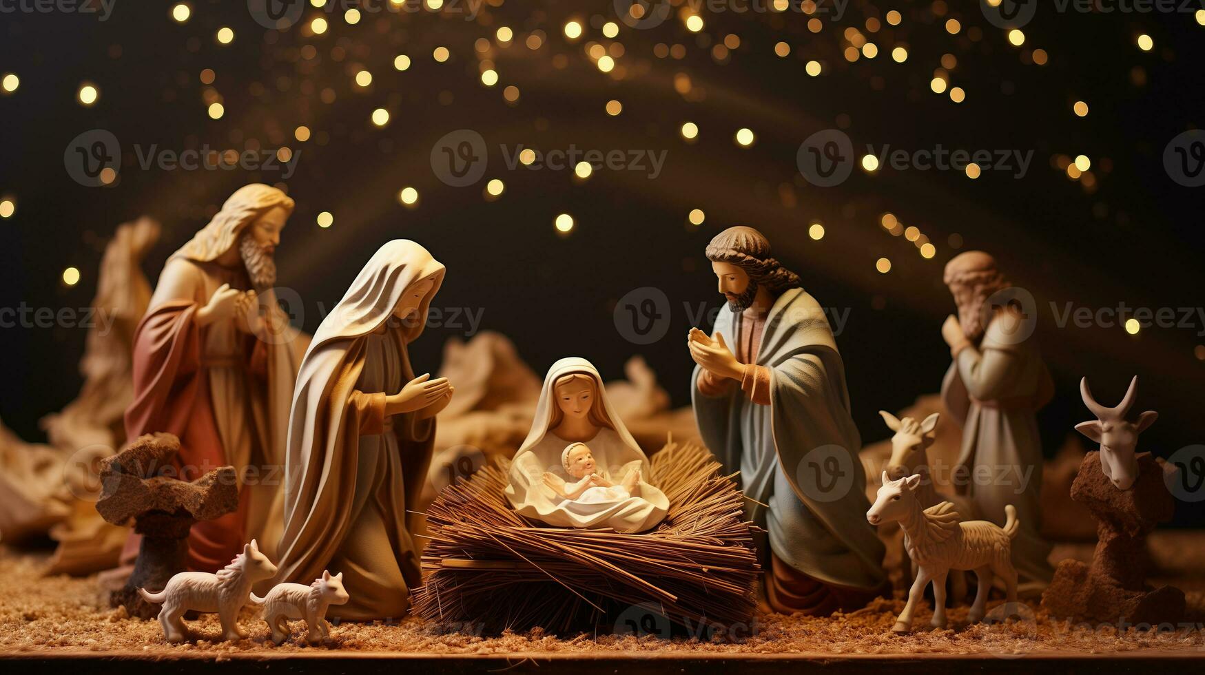 Jungfrau heiraten und Baby Jesus Modell- mit Licht Hintergrund. Papier zum Geschenk Kisten bereit zum Urlaub Feierlichkeiten. foto