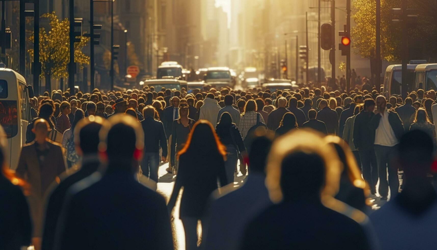 Menge von Menschen Gehen beschäftigt Stadt Straße hinterleuchtet. generativ ai foto