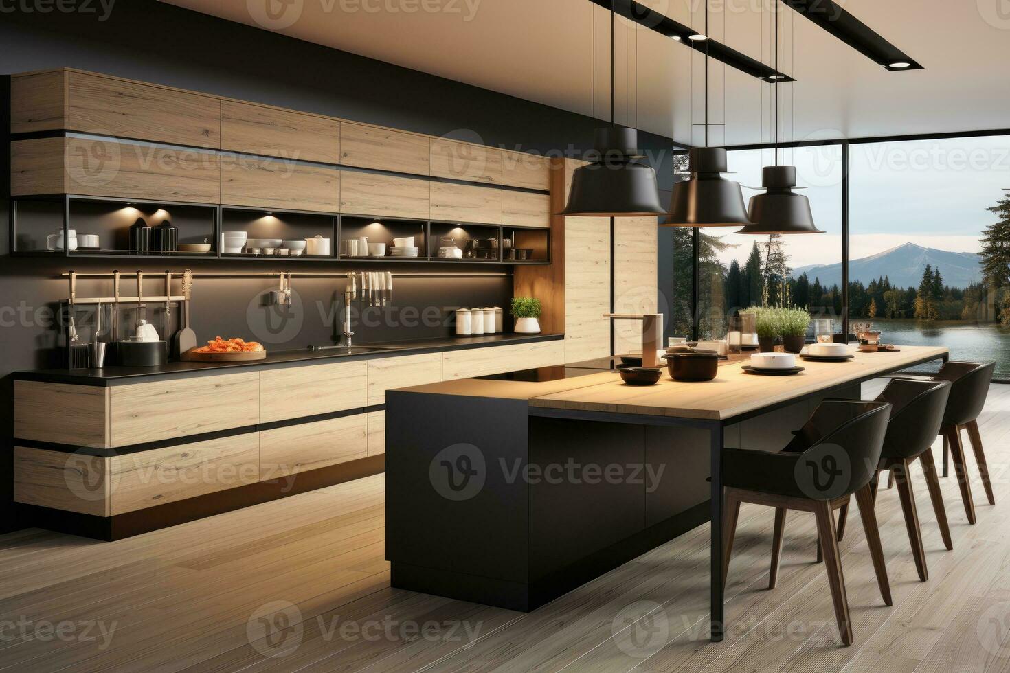 modern Küche dekoriert Holz und schwarz Thema ai generiert foto