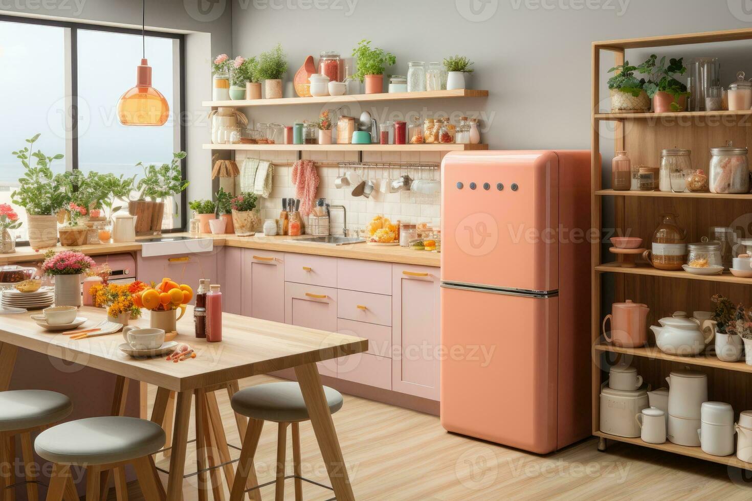 modern Küche dekoriert zum fallen Pastell- Farbe Thema ai generiert foto