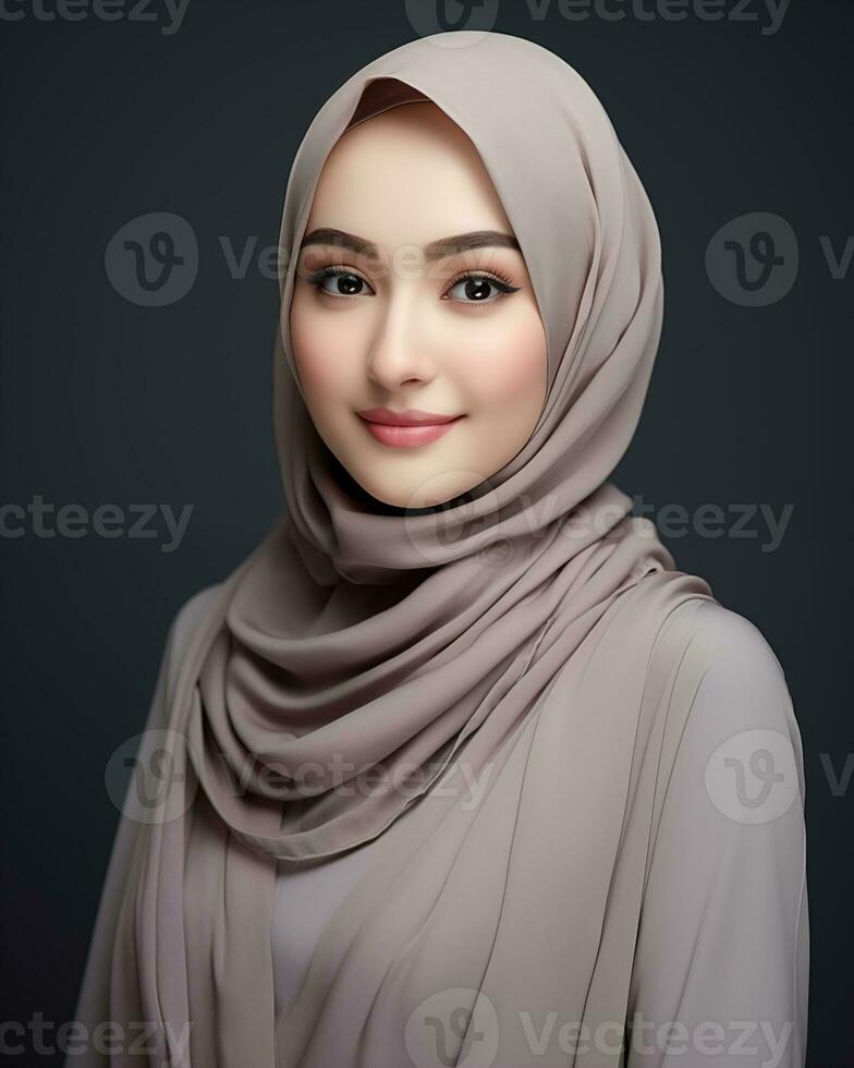 schön asiatisch Mädchen tragen lange Hijab Stehen im einfach Hintergrund ai generativ foto