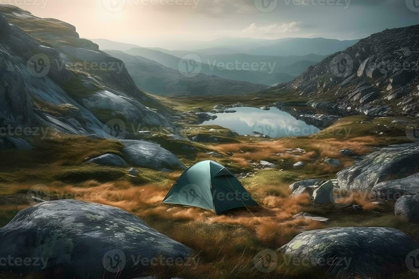 Camping im das Berge. neural Netzwerk ai generiert foto
