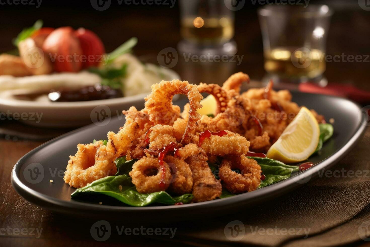 gebraten Calamari Mehl ist bereit zu Sein serviert ai generiert foto