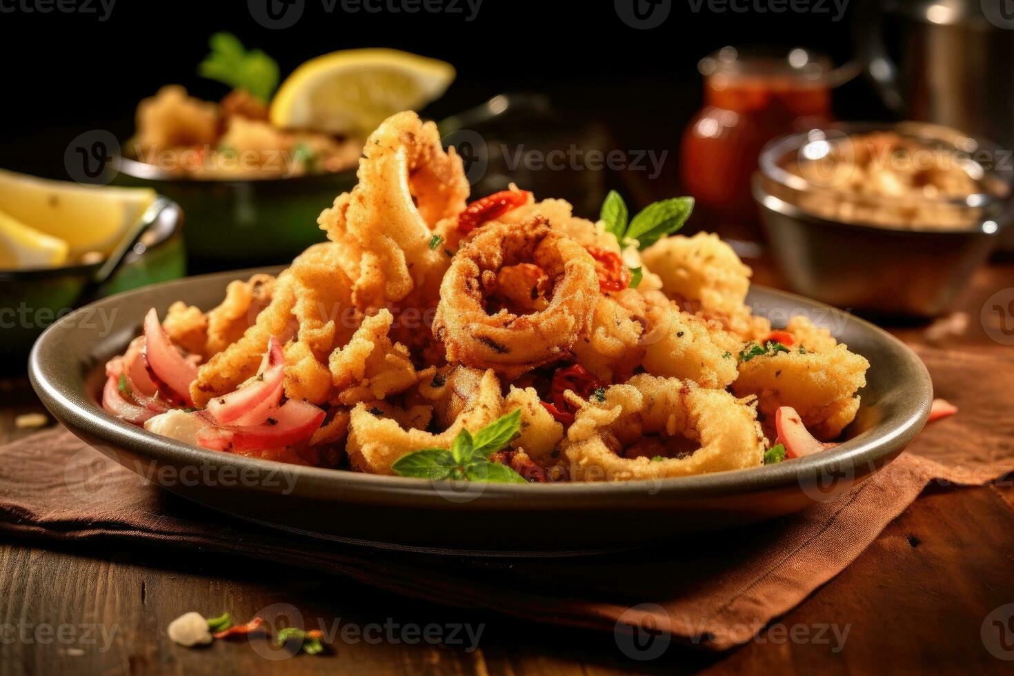 gebraten Calamari Mehl ist bereit zu Sein serviert ai generiert foto