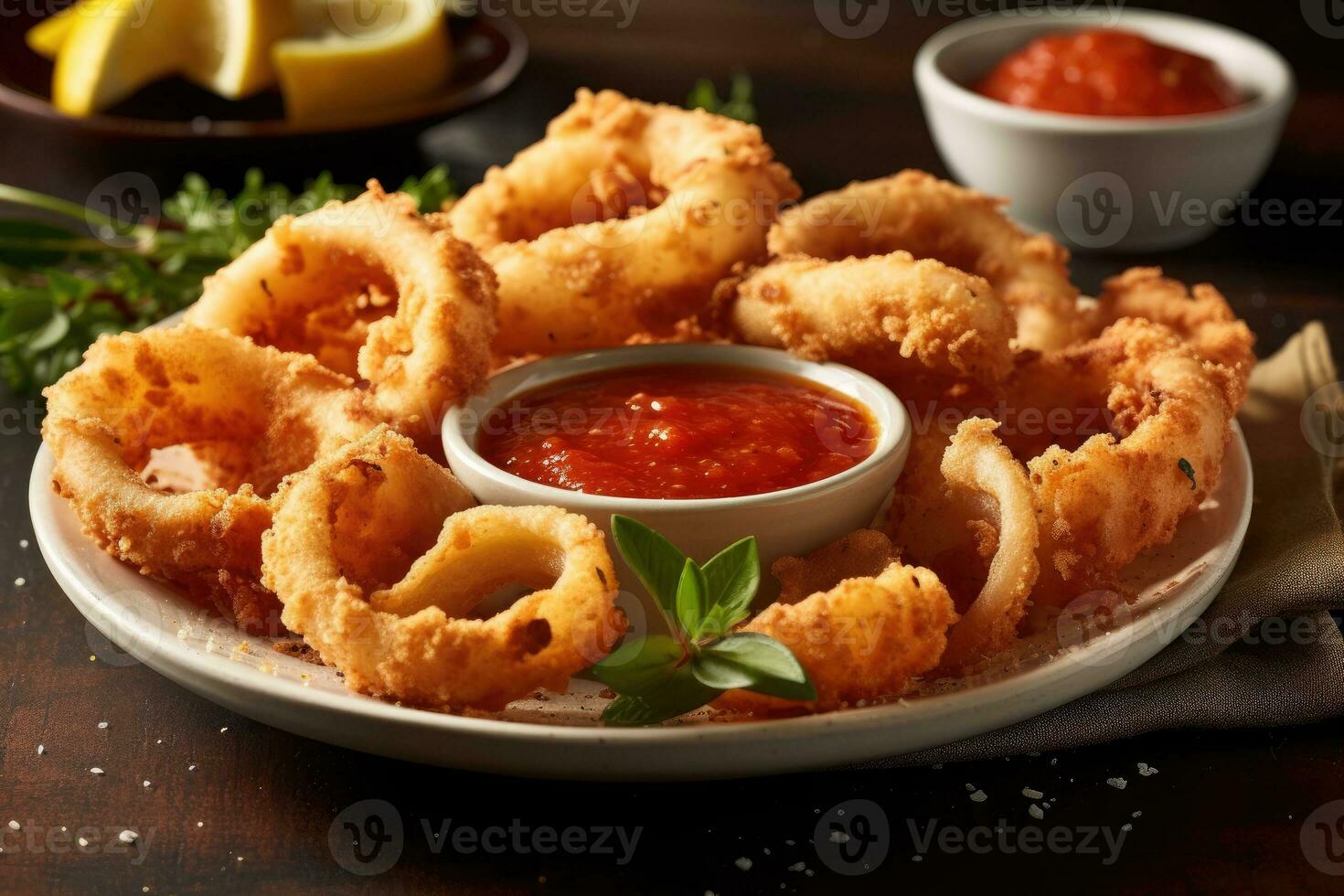 gebraten Calamari Mehl ist bereit zu Sein serviert ai generiert foto