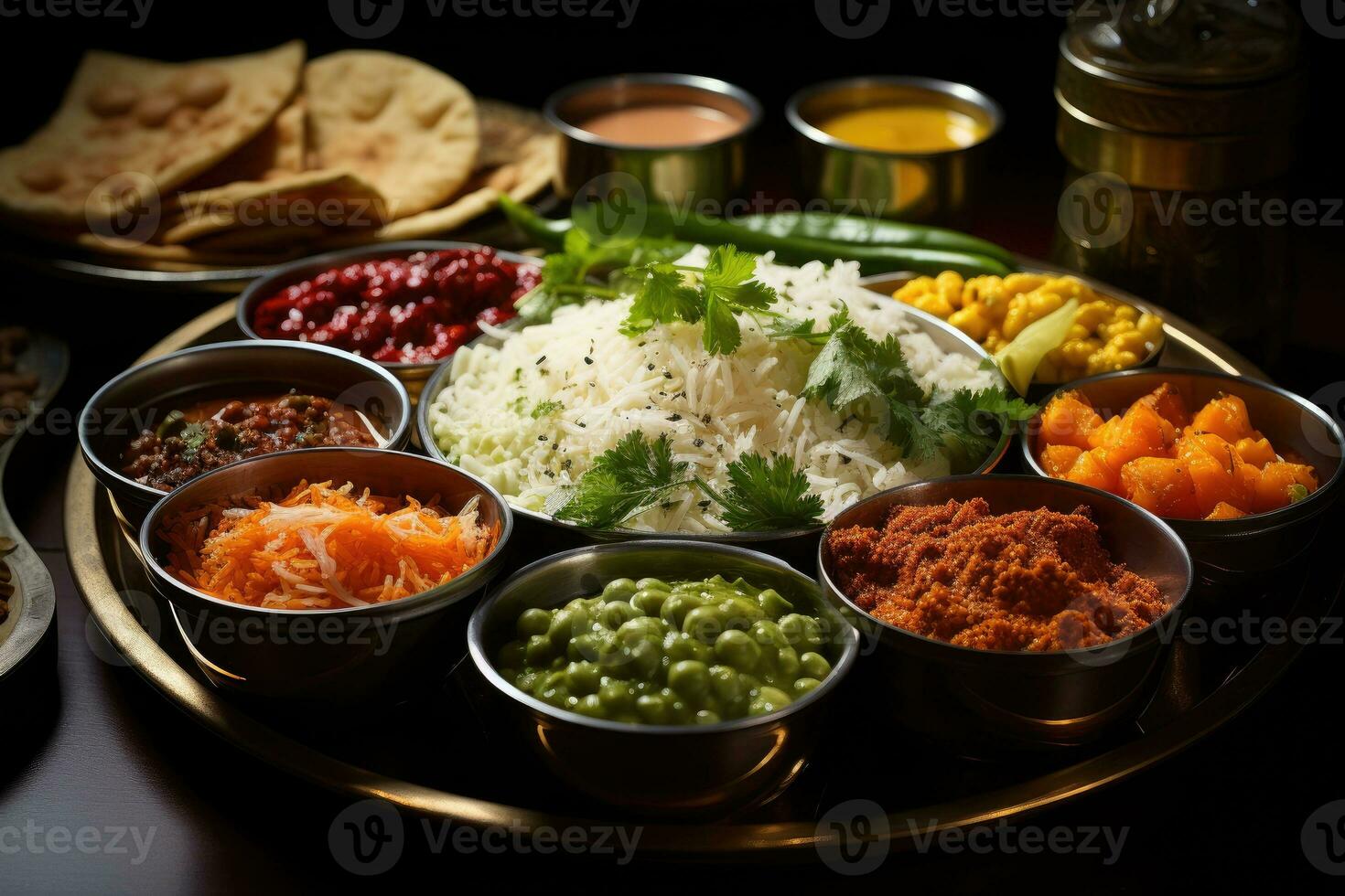 Fotos von indisch Thali im Innen- Foto Studio ai generiert