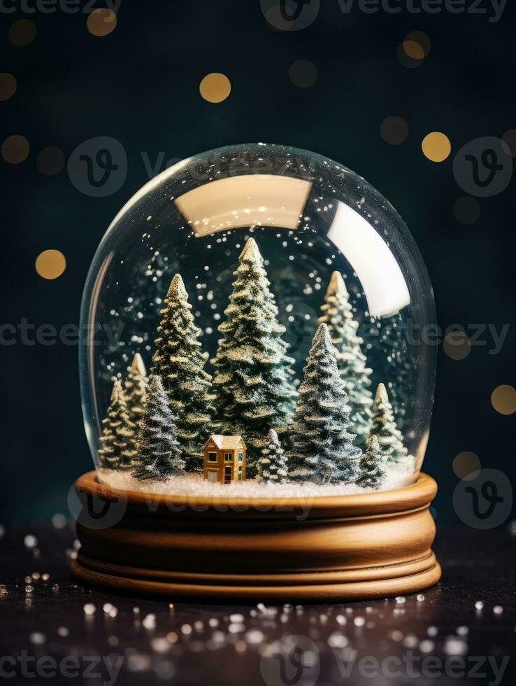 ai generiert ai Generation. Schnee Globus mit Weihnachten Bäume auf dunkel Hintergrund. Weihnachten Konzept. foto