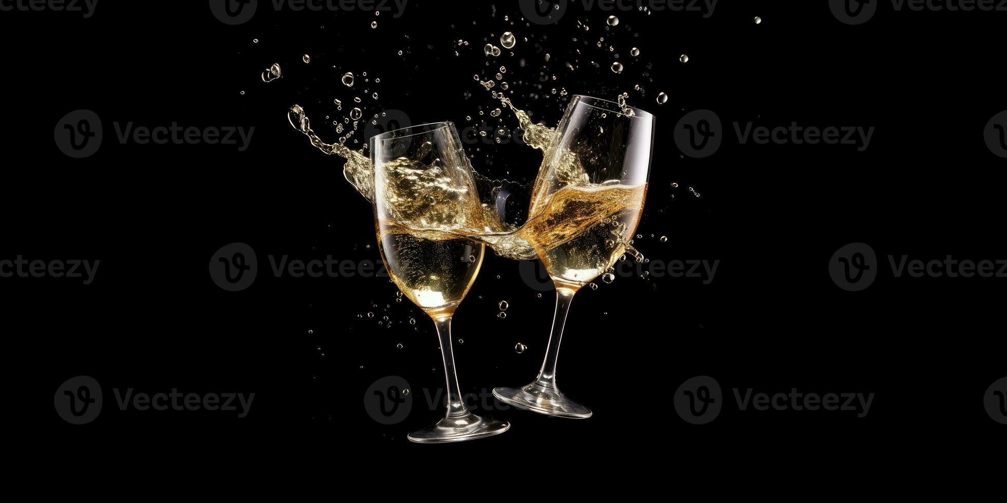 ai generiert ai Generation. zwei Brille von Champagner mit Spritzen Über schwarz Hintergrund. Feier foto