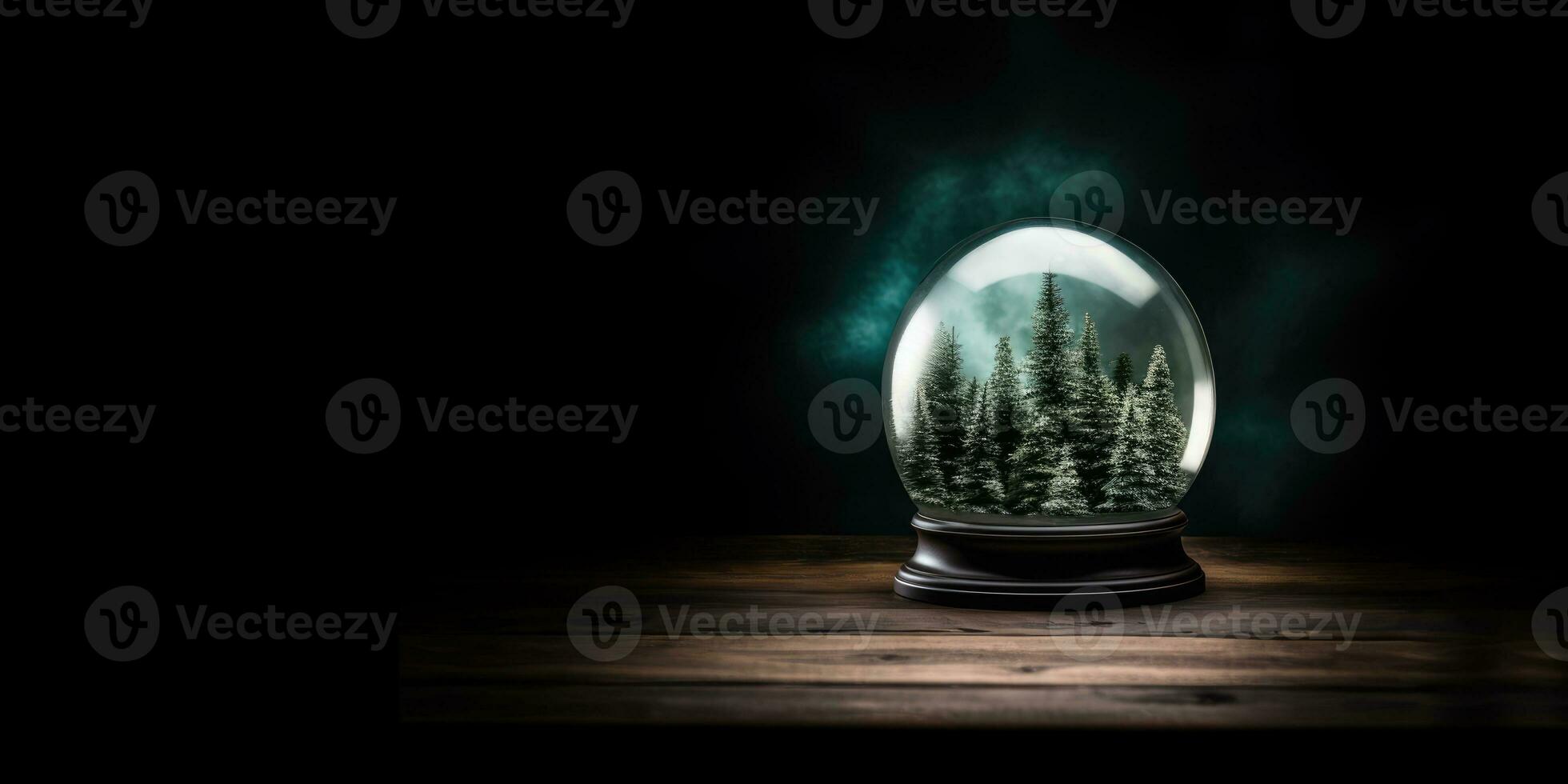 ai generiert ai Generation. Schnee Globus mit Tanne Bäume und Berge Innerhalb auf hölzern Tabelle beim Nacht foto