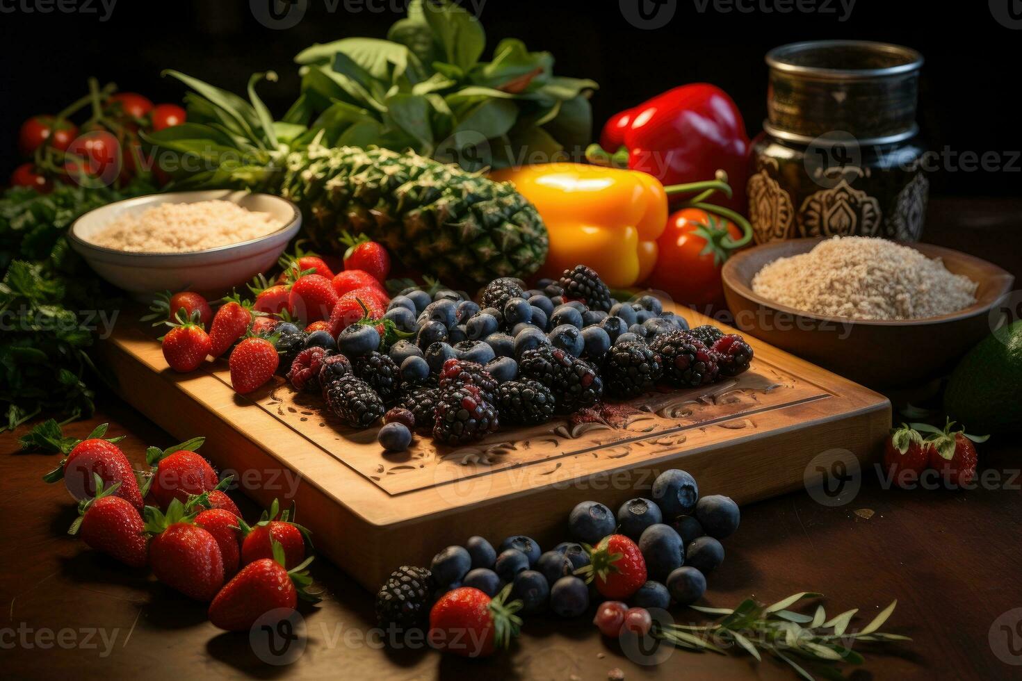 Fotos von Schneiden Tafel mit Früchte und ein Messer im Innen- Foto Studio ai generiert