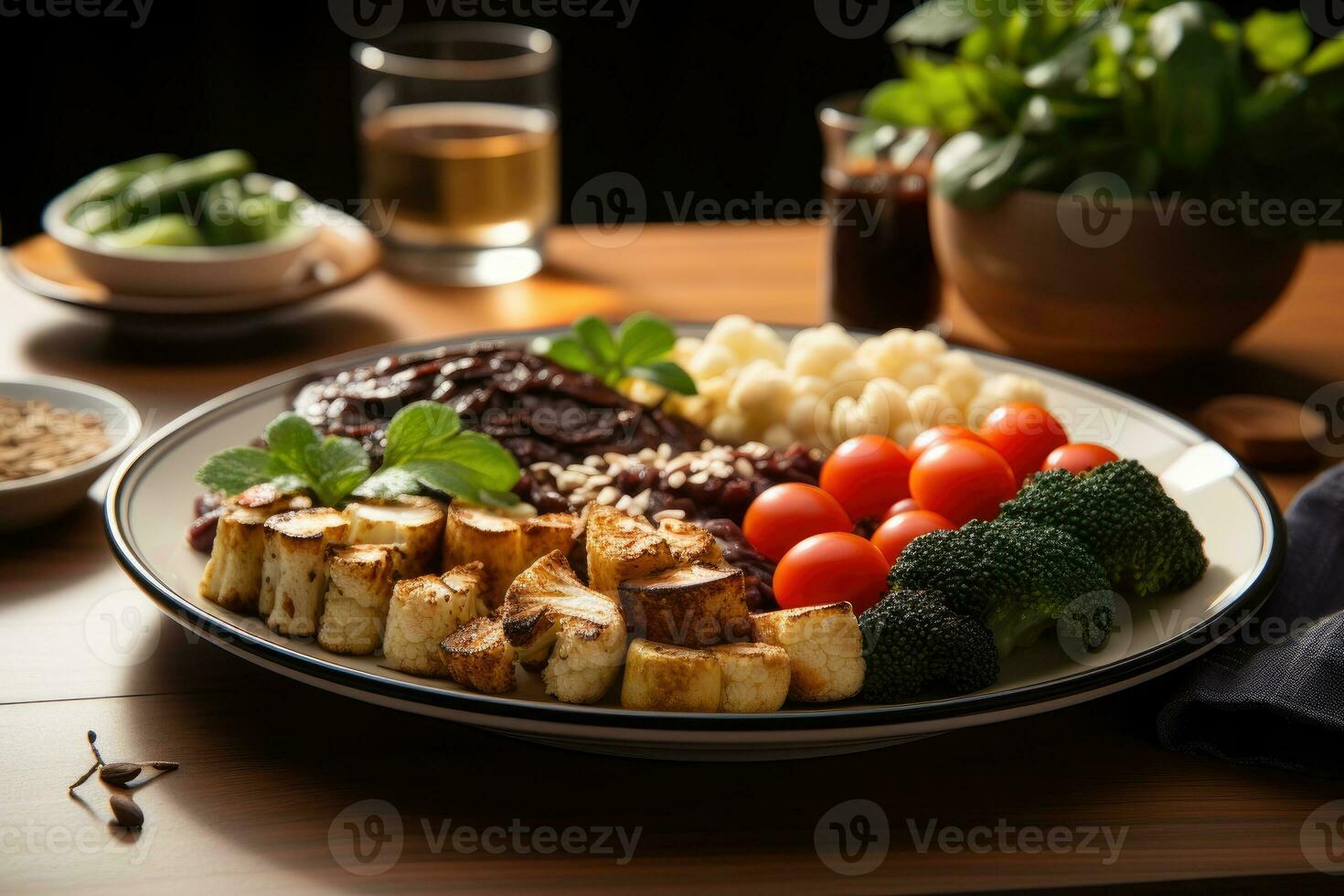 Fotos von vegan Essen im Innen- Foto Studio ai generiert