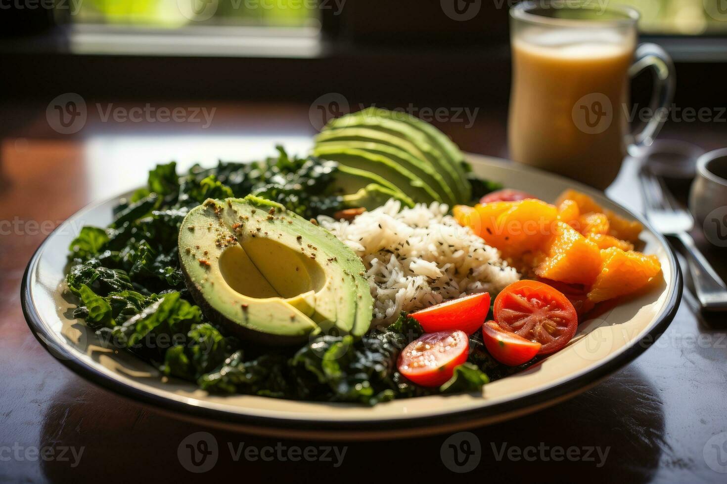 Fotos von vegan Essen zum Frühstück im Innen- Foto Studio ai generiert