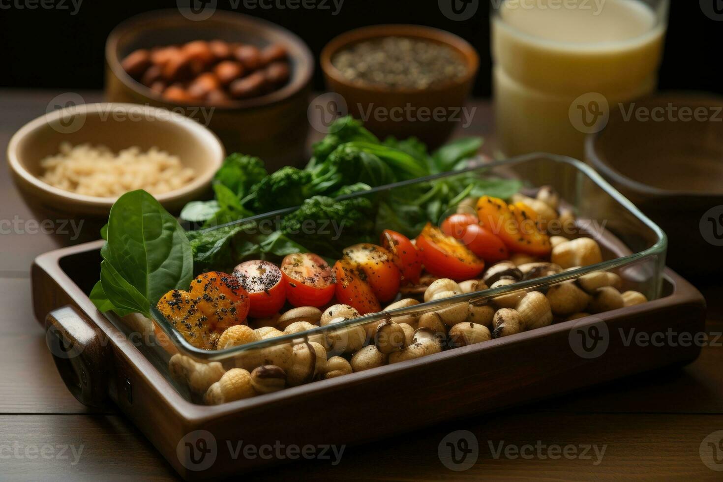 Fotos von vegan Essen zum Abendessen im Innen- Foto Studio ai generiert