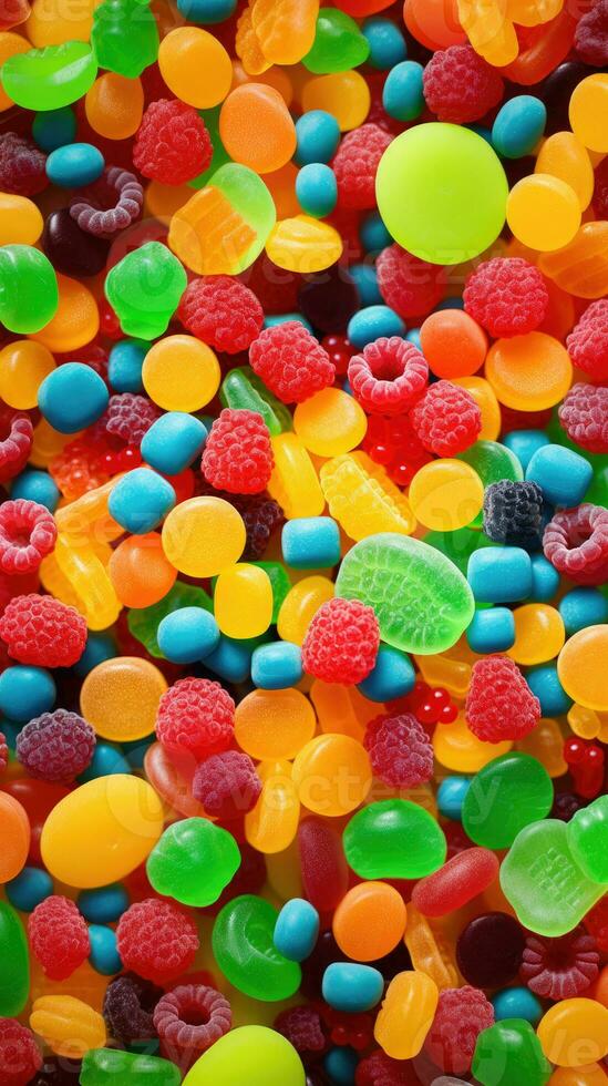 ai generiert ai Generation. bunt Lutscher und anders farbig runden Süßigkeiten. oben Sicht. foto