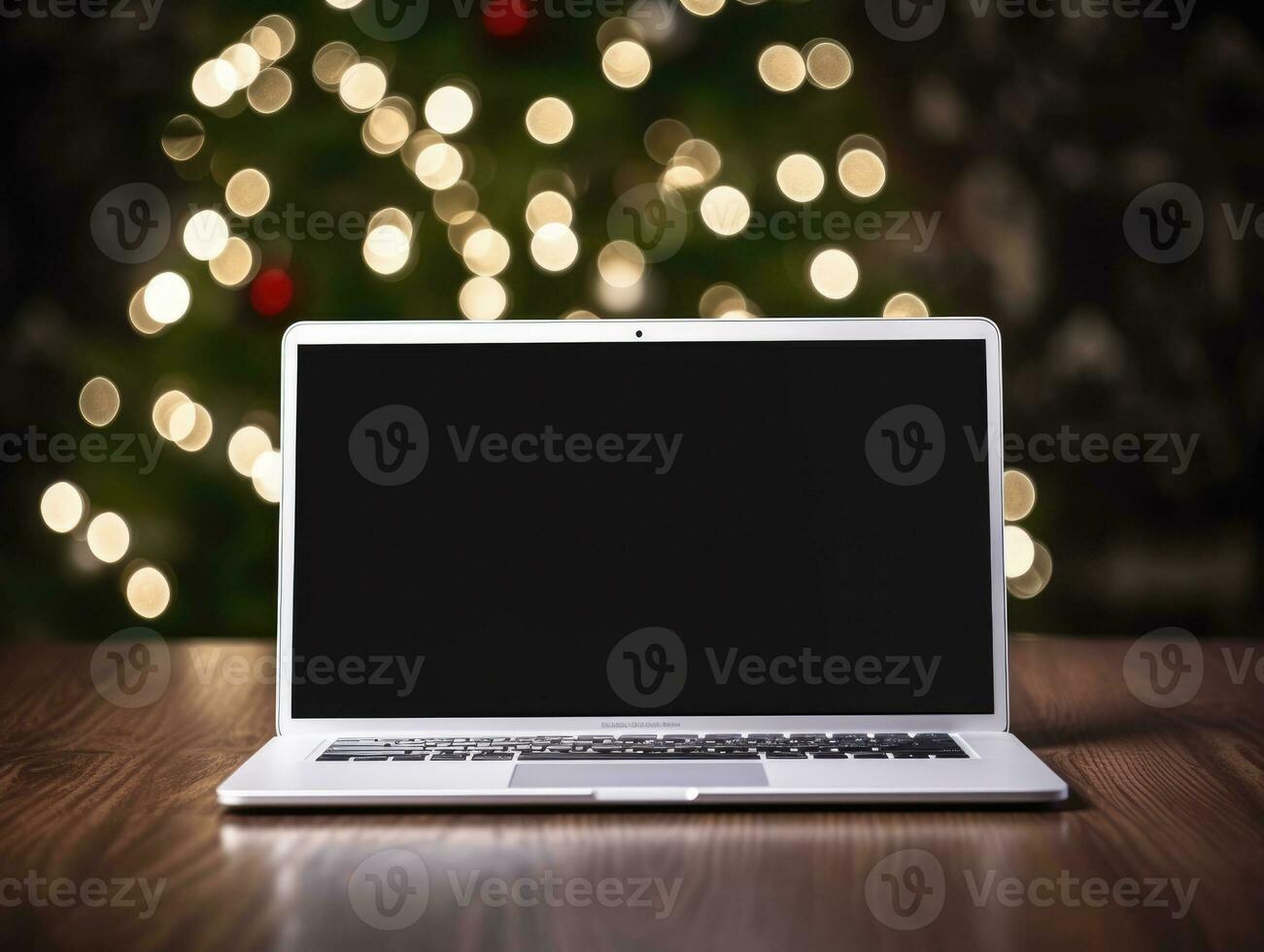 ai generiert ai Generation. ein öffnen Laptop steht auf ein Tabelle in der Nähe von das Neu Jahr Baum. schwarz leer foto