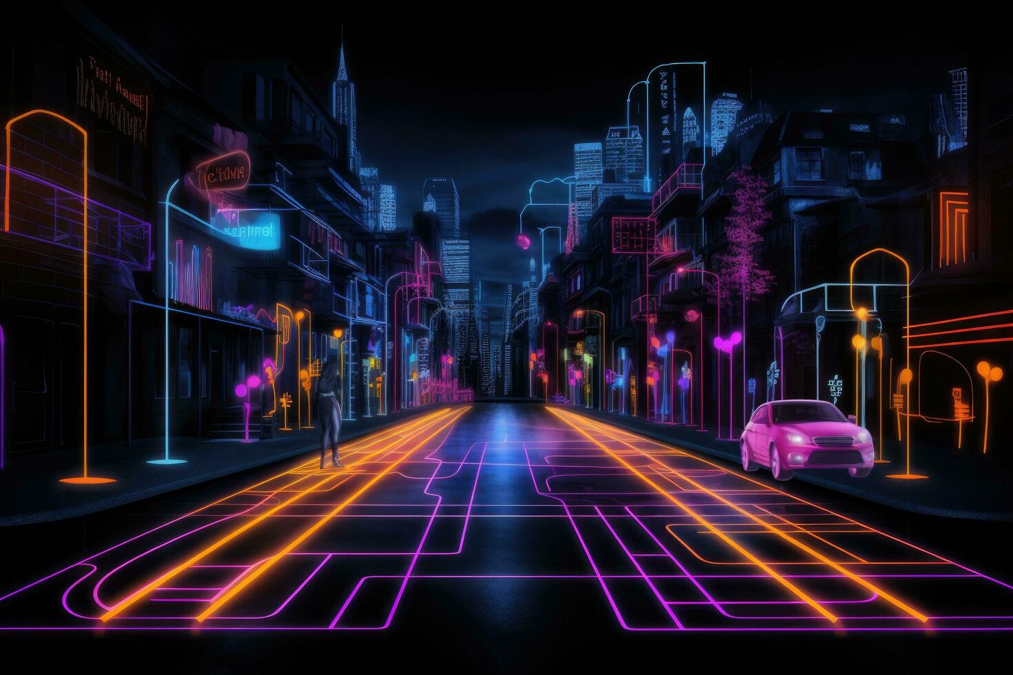 futuristisch Stadt mit Neon- Beleuchtung und Straße, 3d Wiedergabe, Neon- Farbe Fahrplan, Straße, dunkel Hintergrund mit Ziele, ai generiert foto