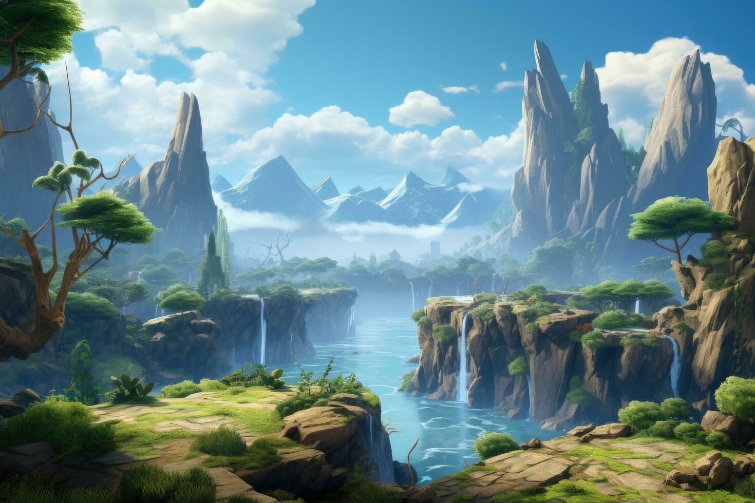 Fantasie Landschaft mit ein Wasserfall und Berge. 3d Wiedergabe, Fantasie Landschaft Spiel ar, ai generiert foto