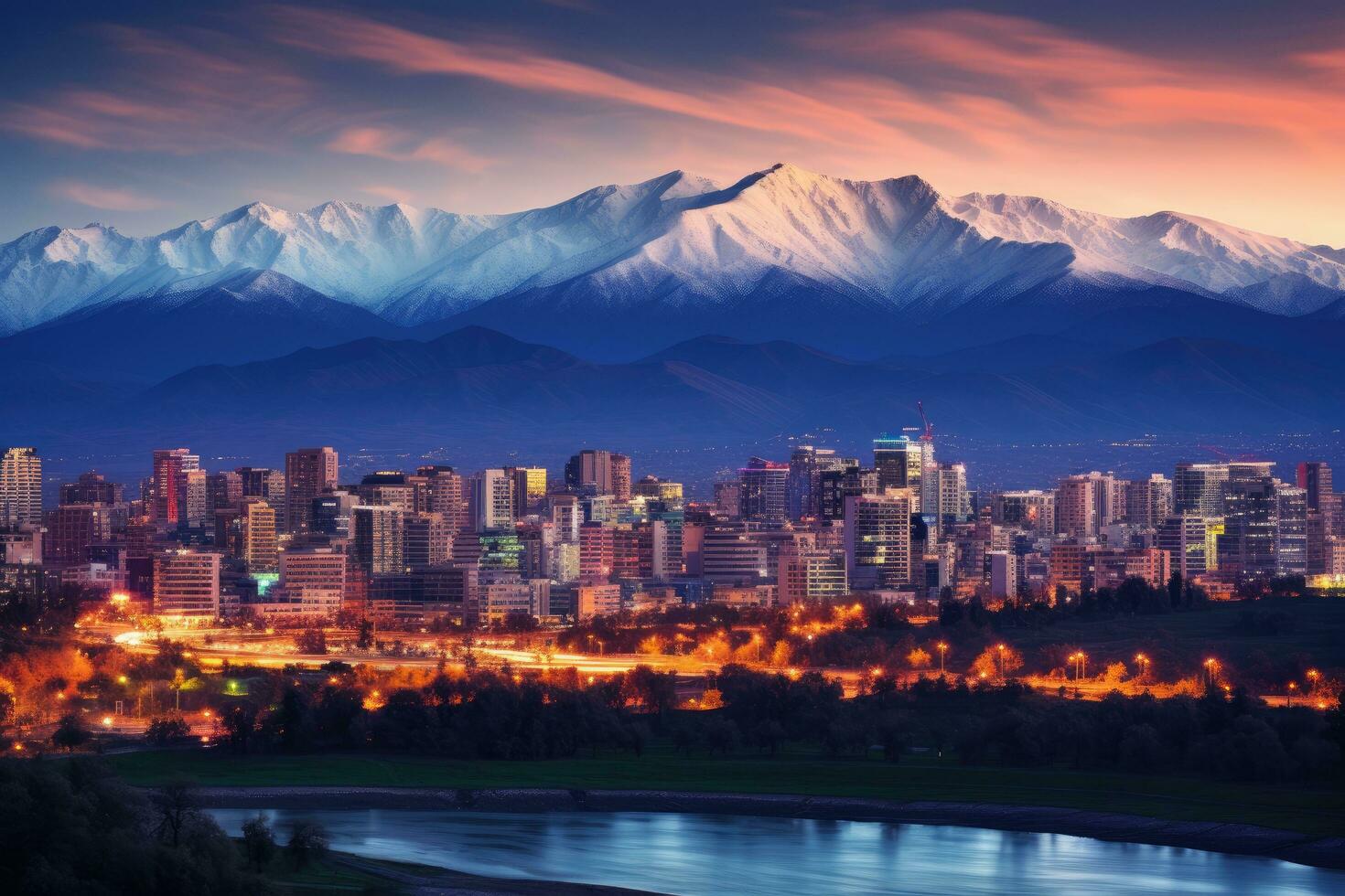 Stadtbild von Tiflis beim Sonnenuntergang. Georgia, Europa, Abend Panorama von Santiago de Chile, ai generiert foto