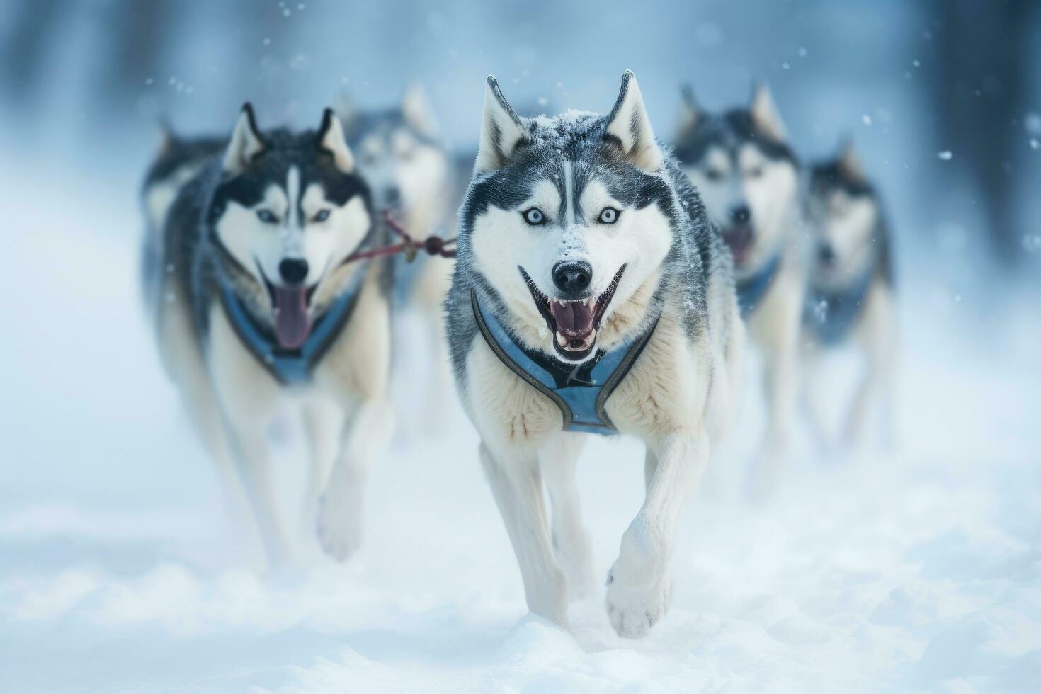 sibirisch heiser Hunde Laufen im das Schnee im Winter, heiser Schlitten Hund Rennen. Winter Wettbewerb. sibirisch heiser Hunde ziehen Schlitten mit Musher, ai generiert foto