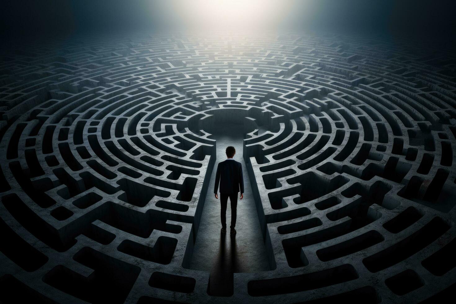 Rückseite Aussicht von Geschäftsmann Stehen im ein Mitte von ein runden Labyrinth, Mann Silhouette im Matze oder Labyrinth. finden Lösung und selbst Konzept, ai generiert foto