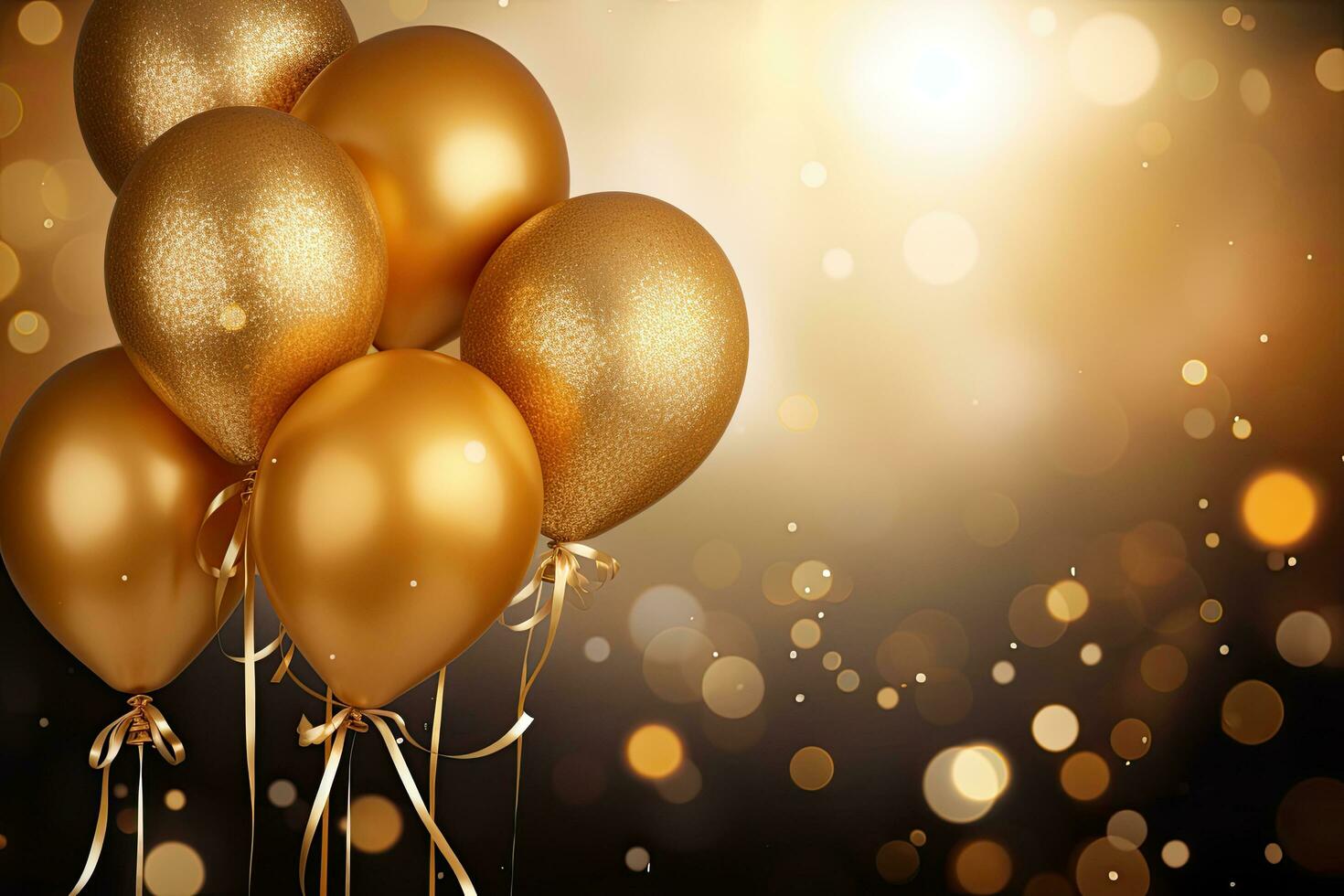 golden Luftballons auf Bokeh Hintergrund. festlich Konzept. 3d Wiedergabe, golden Luftballons mit Bänder und Konfetti auf Bokeh Hintergrund, ai generiert foto