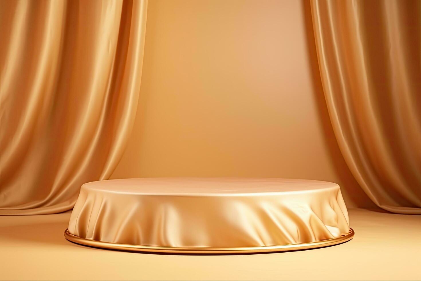 golden Podium auf braun Hintergrund mit Vorhang. 3d machen, golden luxuriös Stoff oder Stoff platziert auf oben Sockel oder leer Podium Regal auf Gold Hintergrund, ai generiert foto