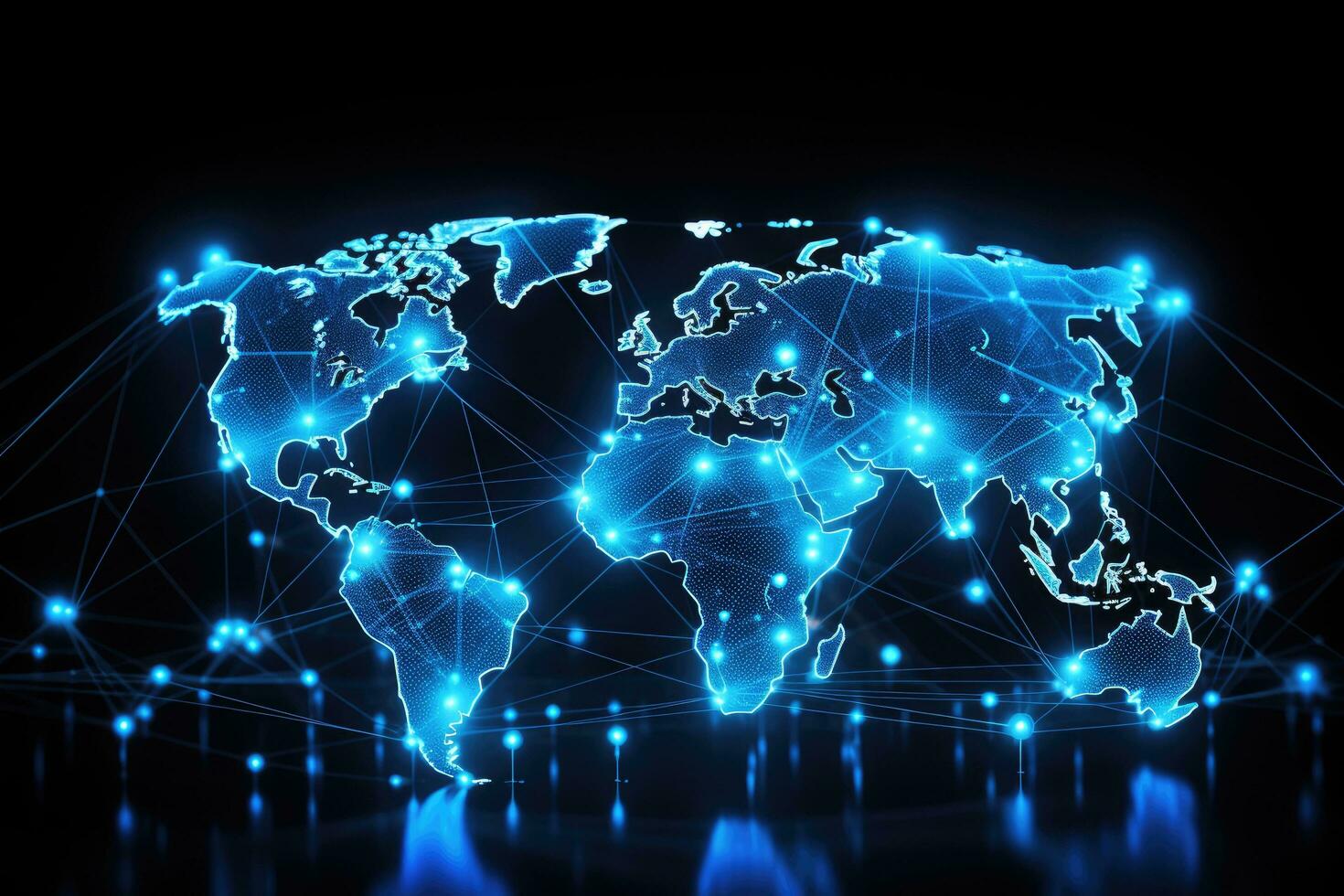 Digital Welt Karte mit glühend Linien auf dunkel Hintergrund. 3d Wiedergabe, global Vernetzung und International Kommunikation. Welt Karte wie ein Symbol von das global Netzwerk, ai generiert foto