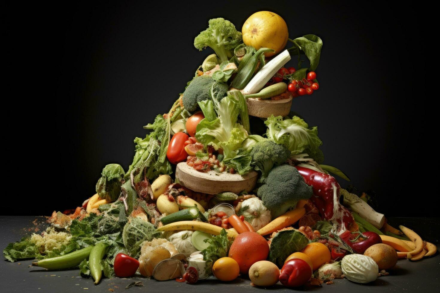Gemüse und Früchte im ein Pyramide gestalten auf ein schwarz Hintergrund, Essen Abfall, ai generiert foto