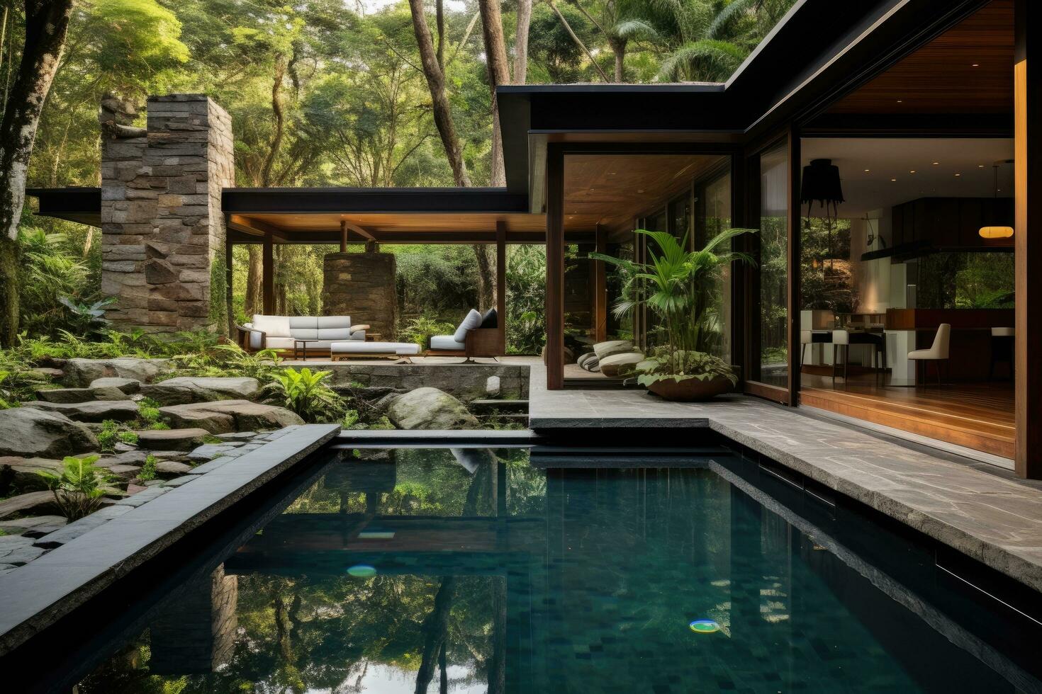 Luxus Haus mit Schwimmen Schwimmbad im tropisch Garten. niemand innen, Wald einladend Rückzug, zeitgenössisch Residenz Luxus Villa mit groß Schwimmen Schwimmbad, ai generiert foto
