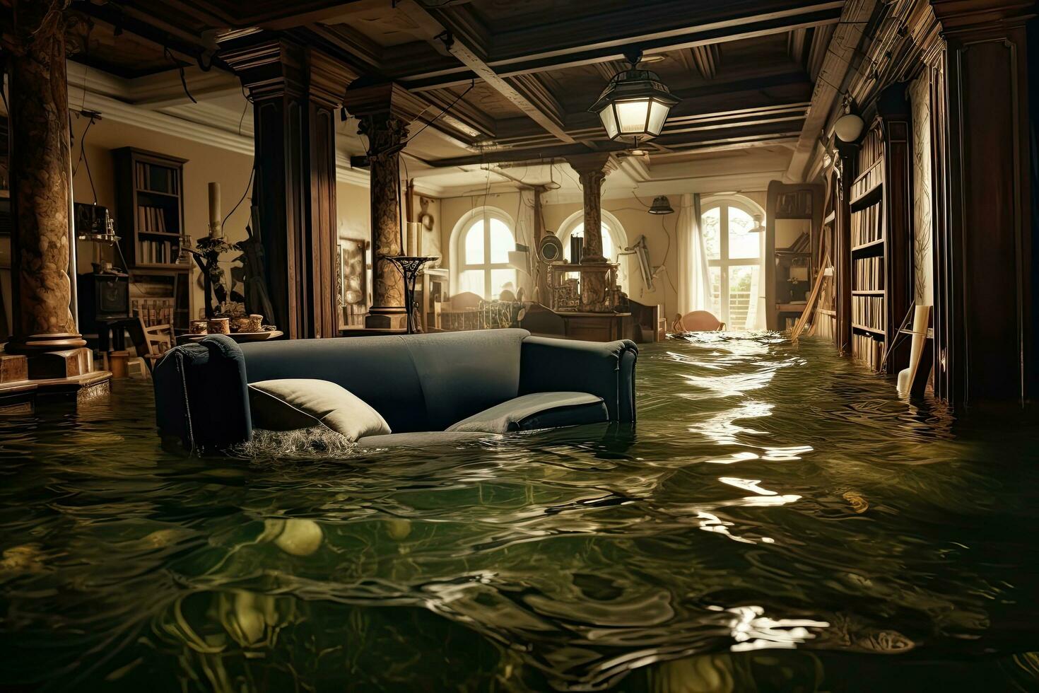 Innere von ein alt Haus mit Schwimmen Schwimmbad und Jahrgang Möbel, überflutet Haus mit Räume voll von Wasser, ai generiert foto