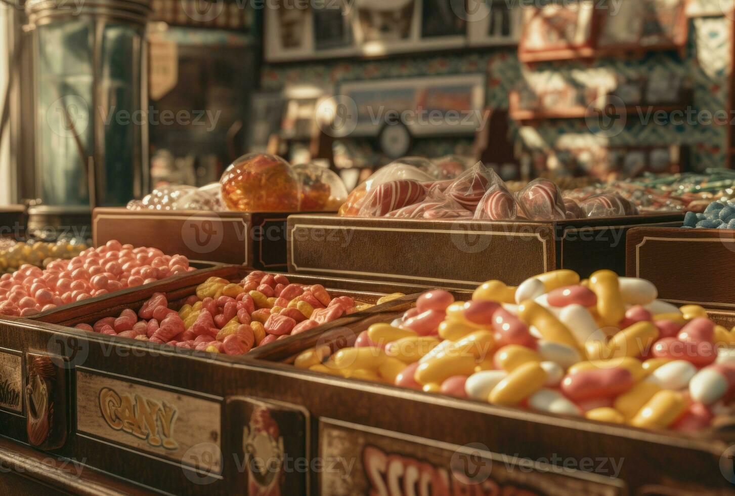 Geschäft Jahrgang Süßigkeiten lokal Geschäft. generieren ai foto