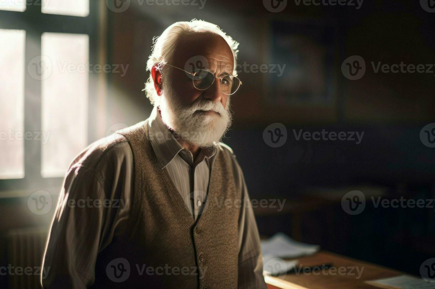 Senior bärtig Lehrer Klassenzimmer. generieren ai foto