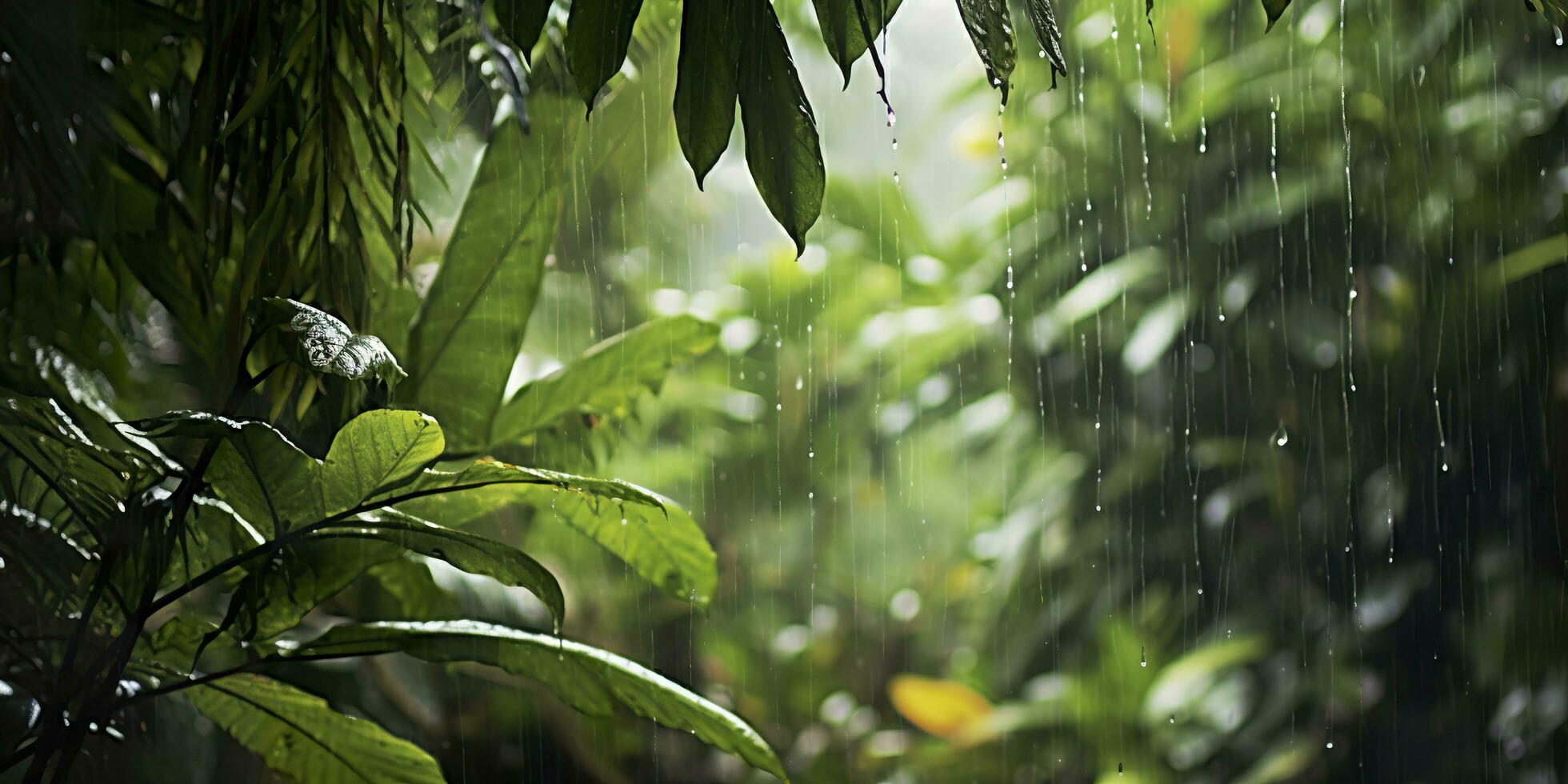 Regen Stürze im ein Regenwald mit das Regen Tropfen. generativ ai foto