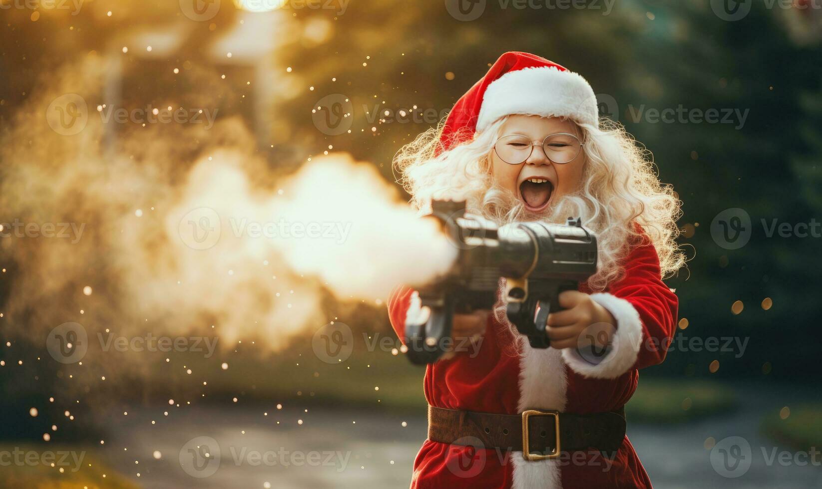 bezaubernd Kind gekleidet wie Santa claus spielen mit Blase Waffen. ai generativ foto