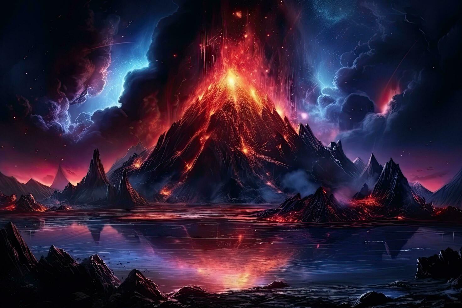 Fantasie Außerirdischer Planet. Berg und See. 3d Illustration, Nacht Fantasie Landschaft mit abstrakt Berge und Insel auf das Wasser, explosiv Vulkan mit Verbrennung Lava, Neon- Licht, ai generiert foto