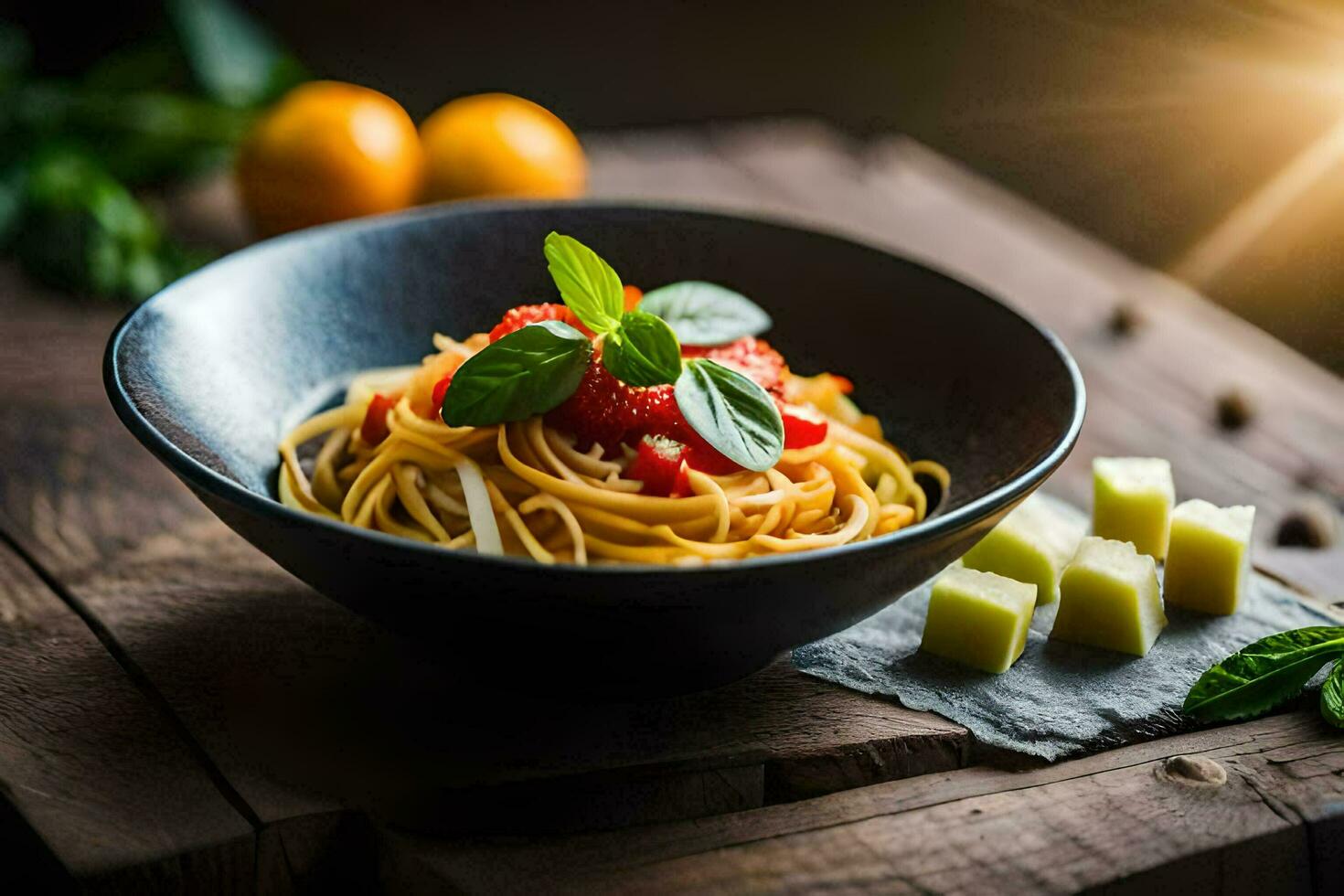 Spaghetti mit Tomate, Basilikum und Käse auf ein hölzern Tisch. KI-generiert foto