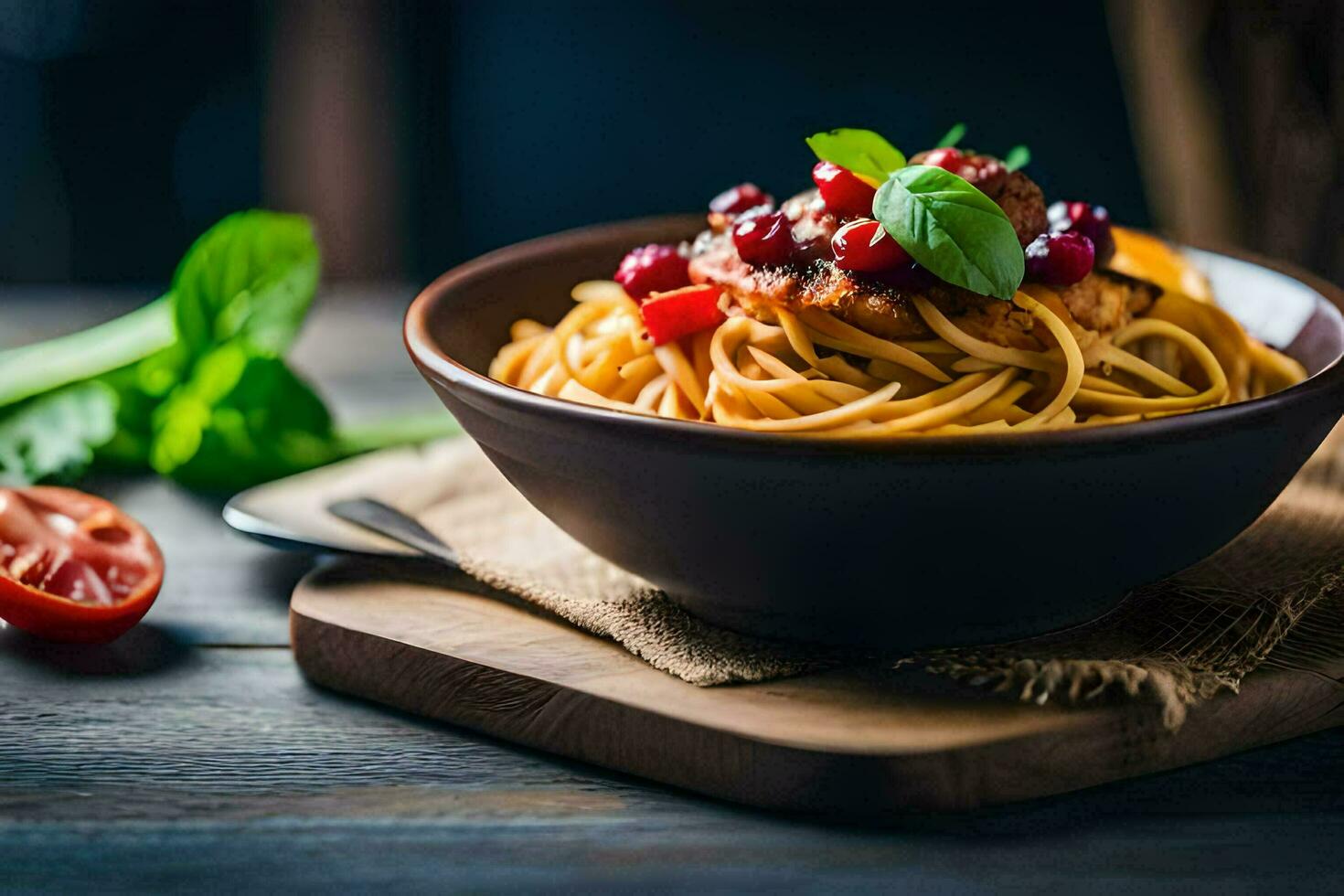 Spaghetti mit Tomate Soße und Basilikum Blätter im ein Schüssel. KI-generiert foto