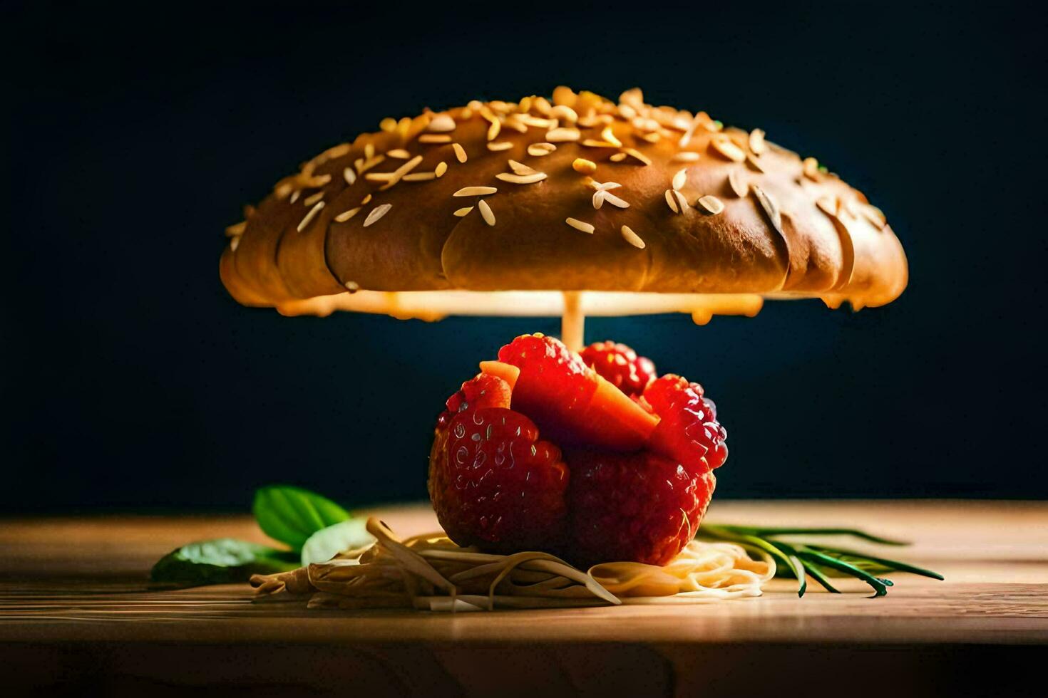 ein Pilz mit Erdbeeren und Kräuter auf oben. KI-generiert foto