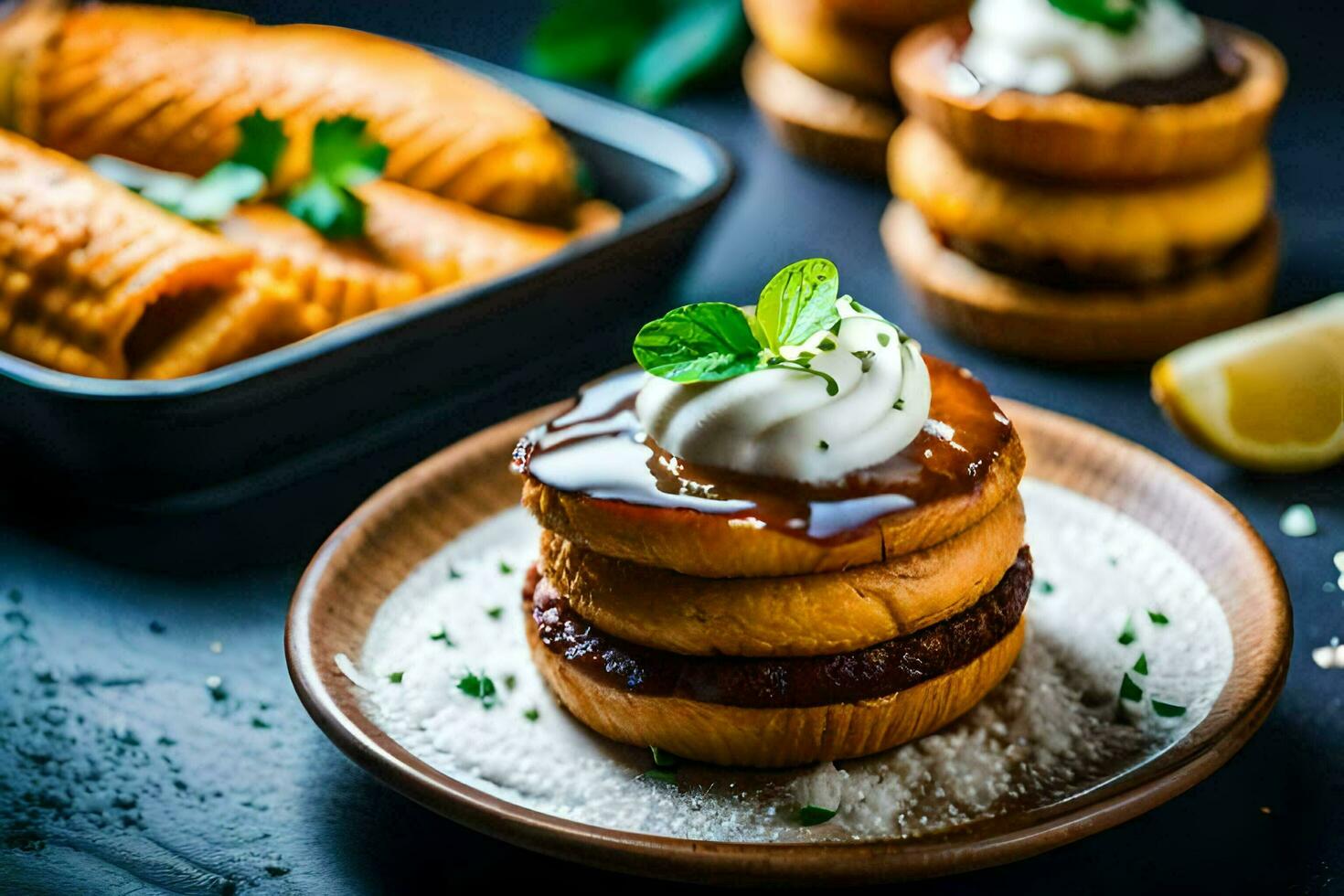 ein Teller von Mini Donuts mit ausgepeitscht Sahne und ein Zitrone Keil. KI-generiert foto