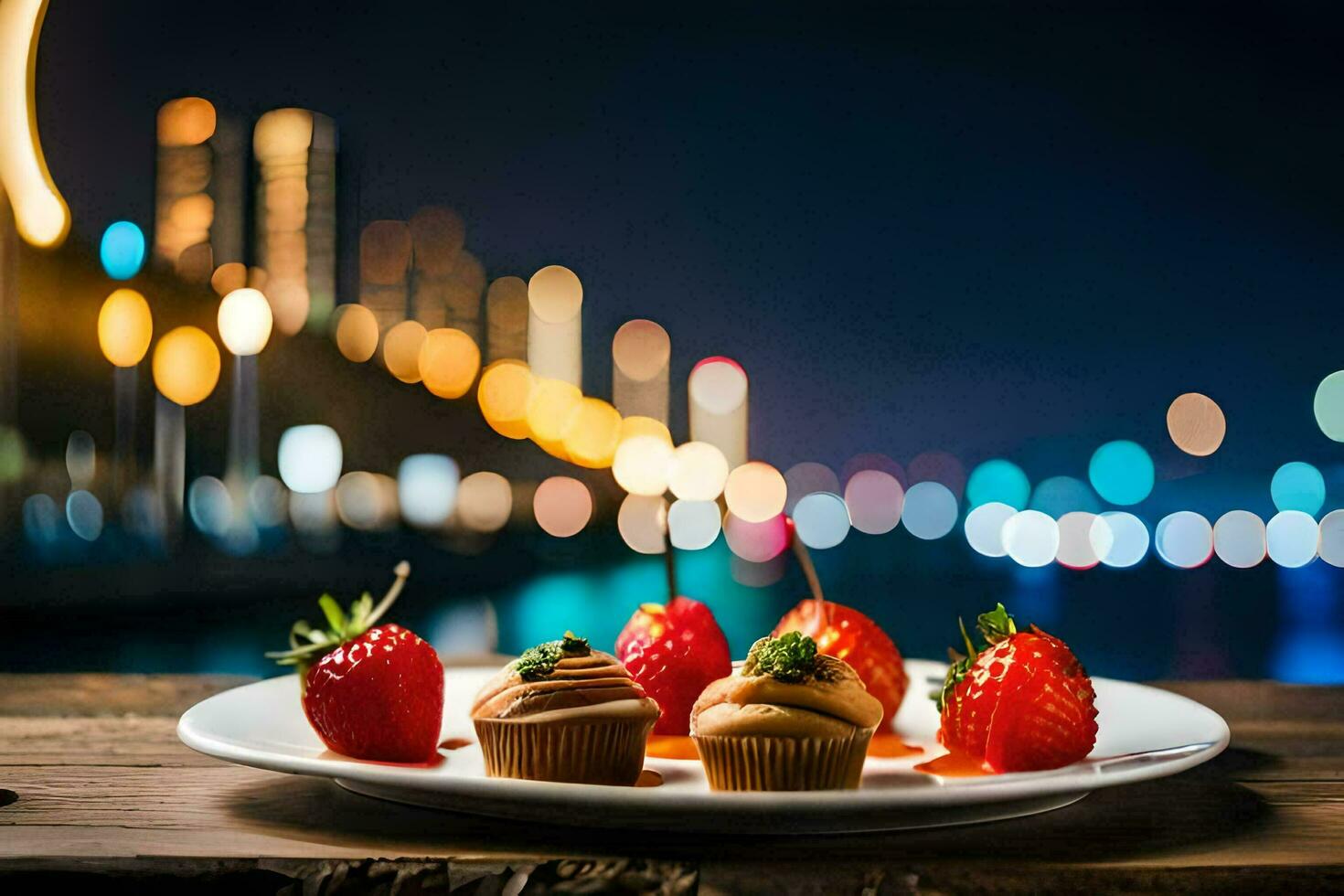 ein Teller mit Cupcakes und Erdbeeren auf ein hölzern Tisch. KI-generiert foto